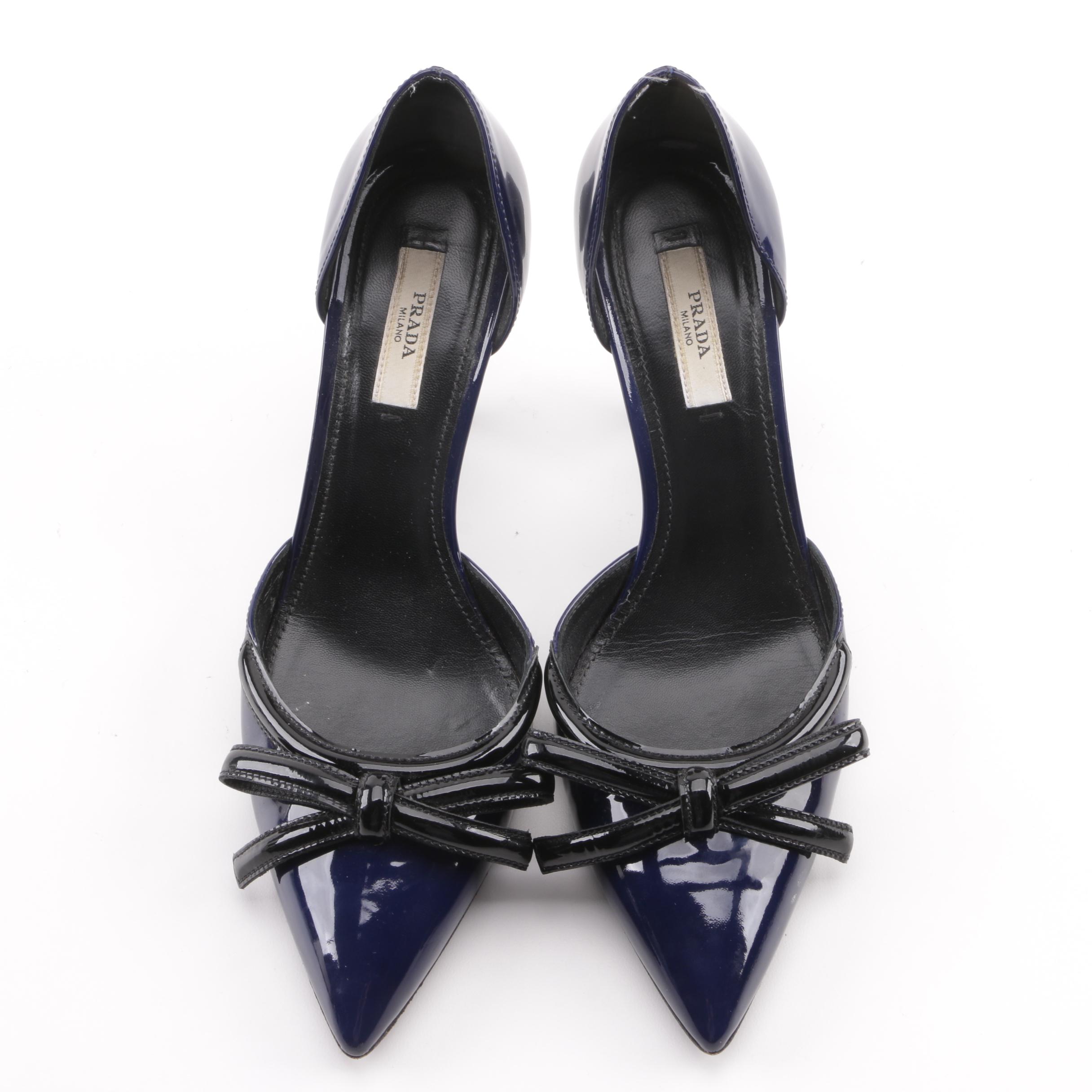 Prada Cobalt and Black Patent Leather d'Orsay Pumps with Bow Detail