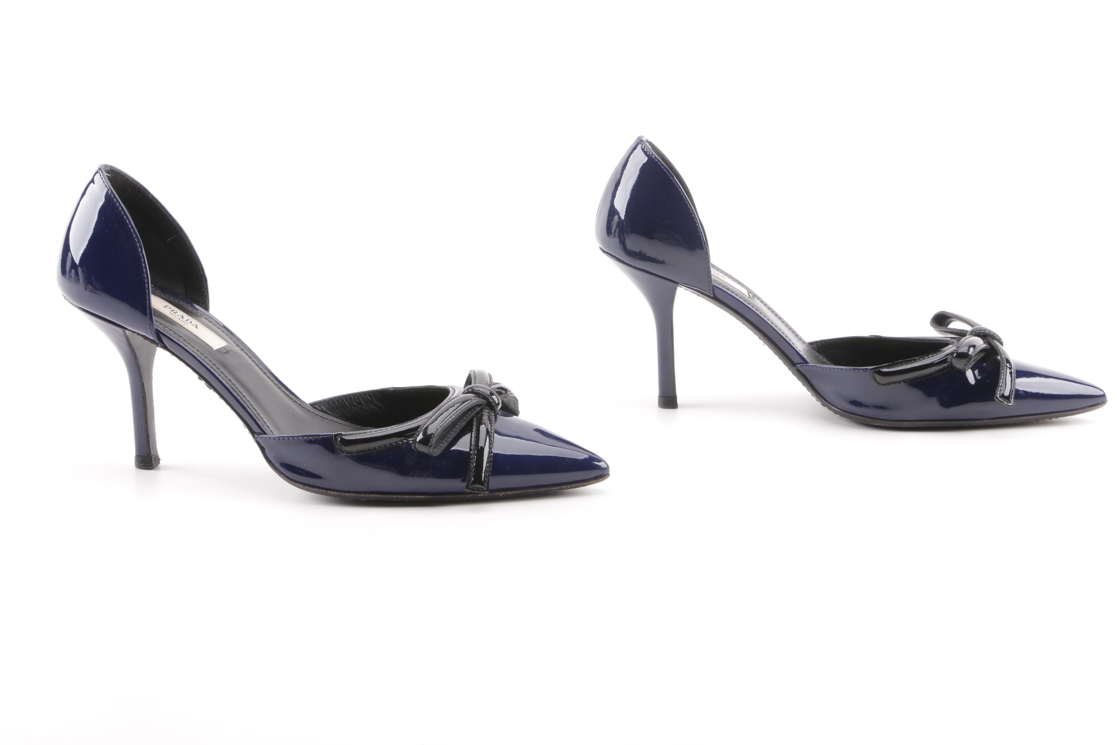 Prada Cobalt and Black Patent Leather d'Orsay Pumps with Bow Detail