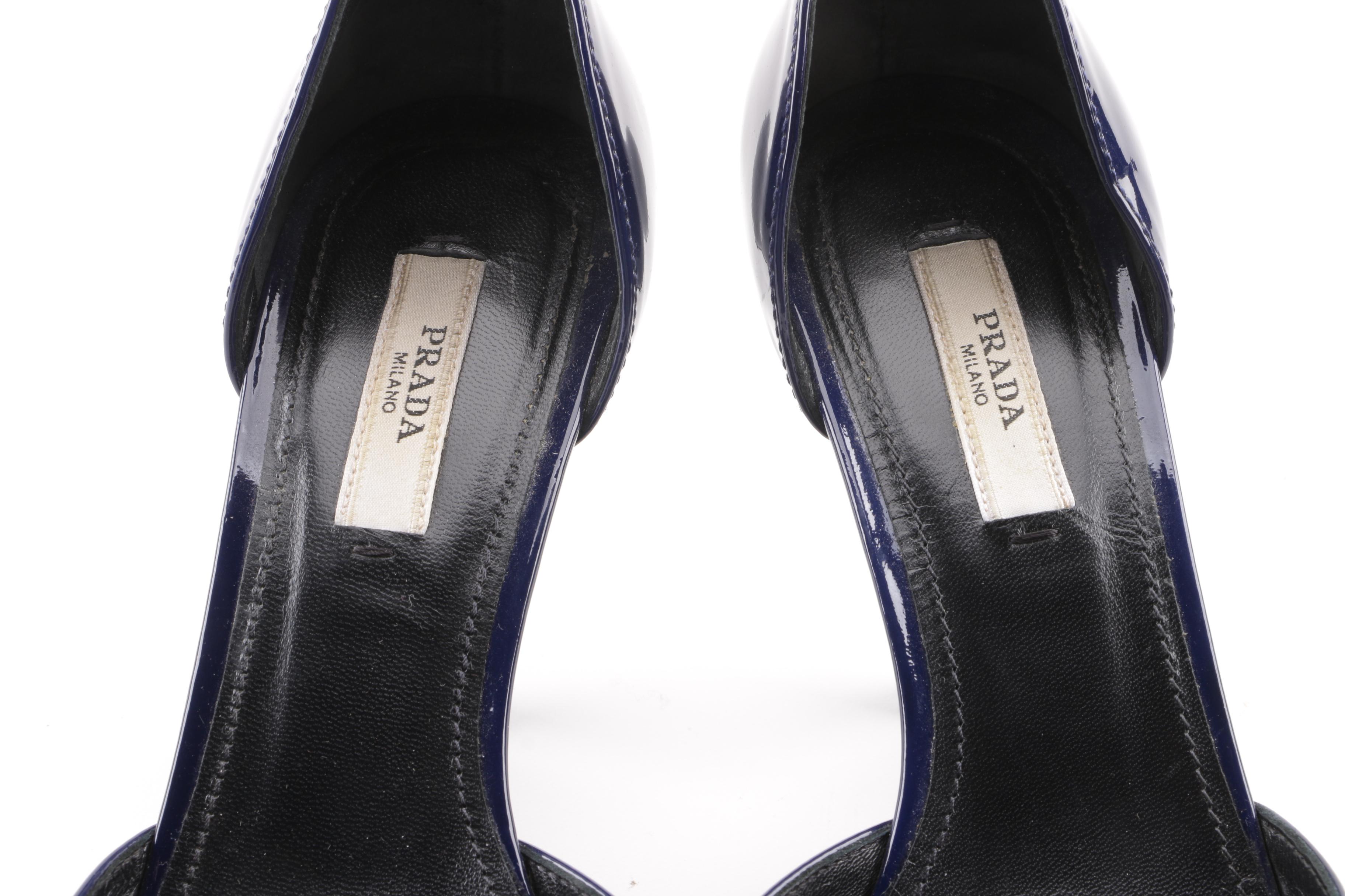 Prada Cobalt and Black Patent Leather d'Orsay Pumps with Bow Detail