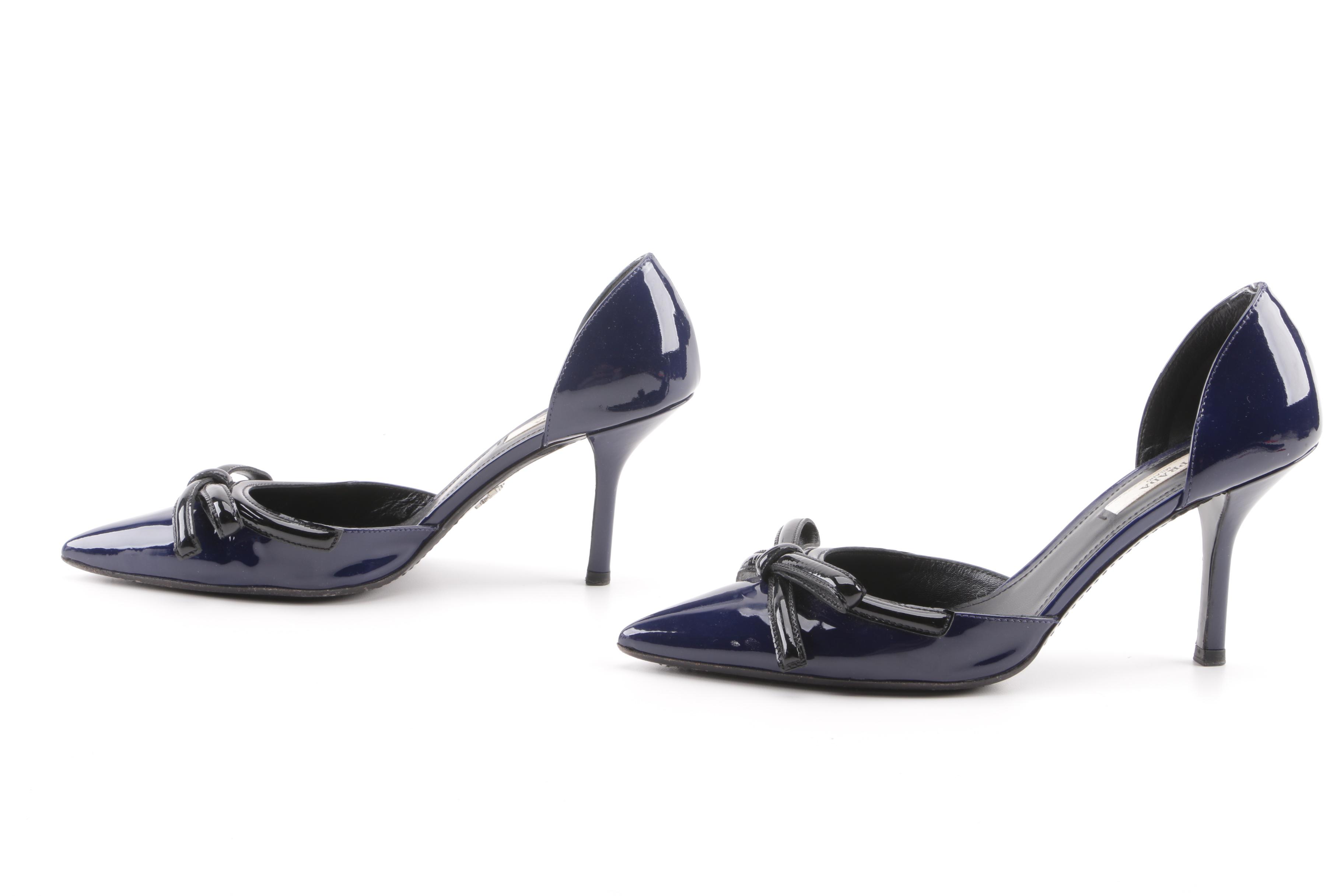 Prada Cobalt and Black Patent Leather d'Orsay Pumps with Bow Detail