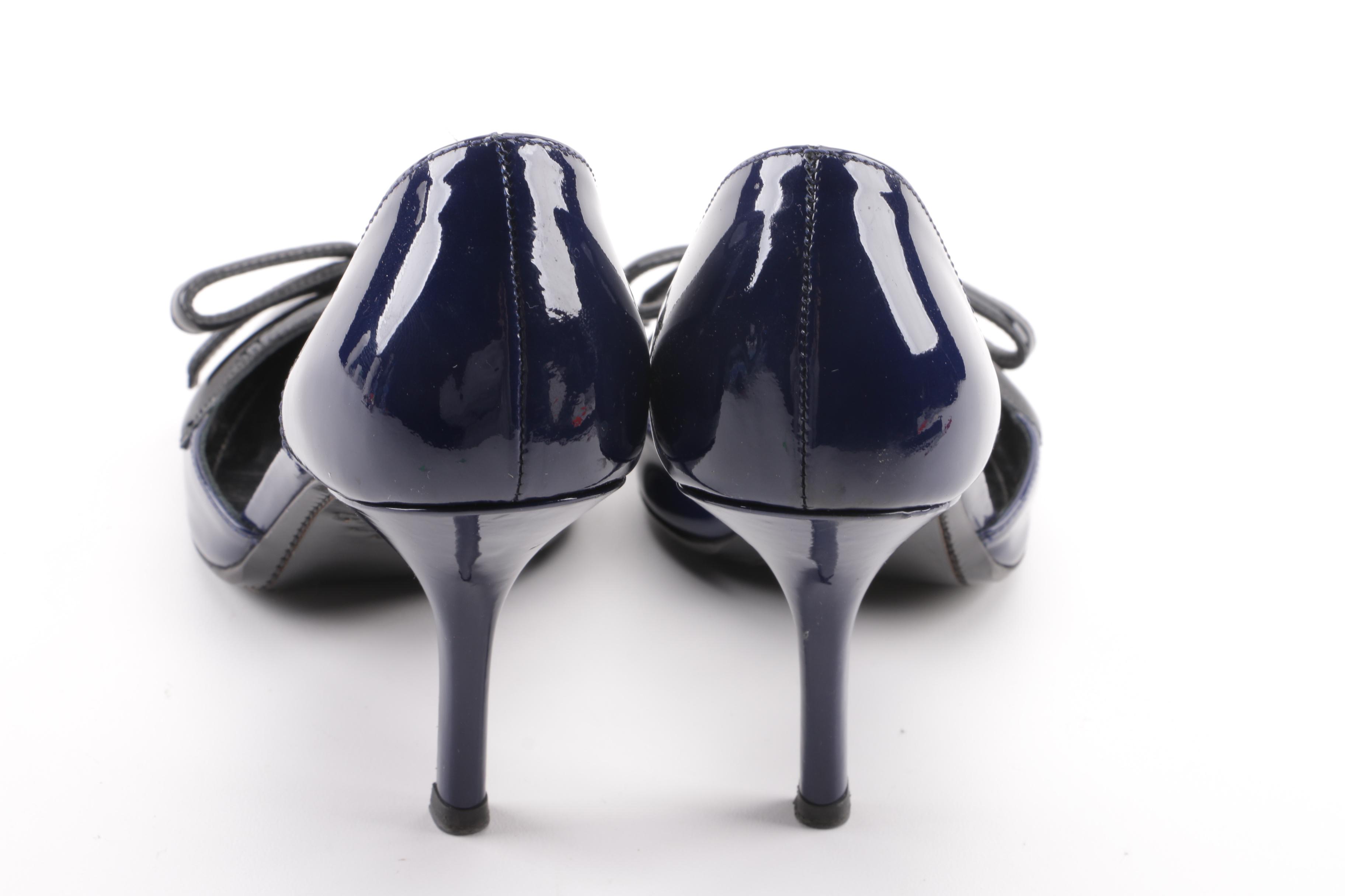 Prada Cobalt and Black Patent Leather d'Orsay Pumps with Bow Detail