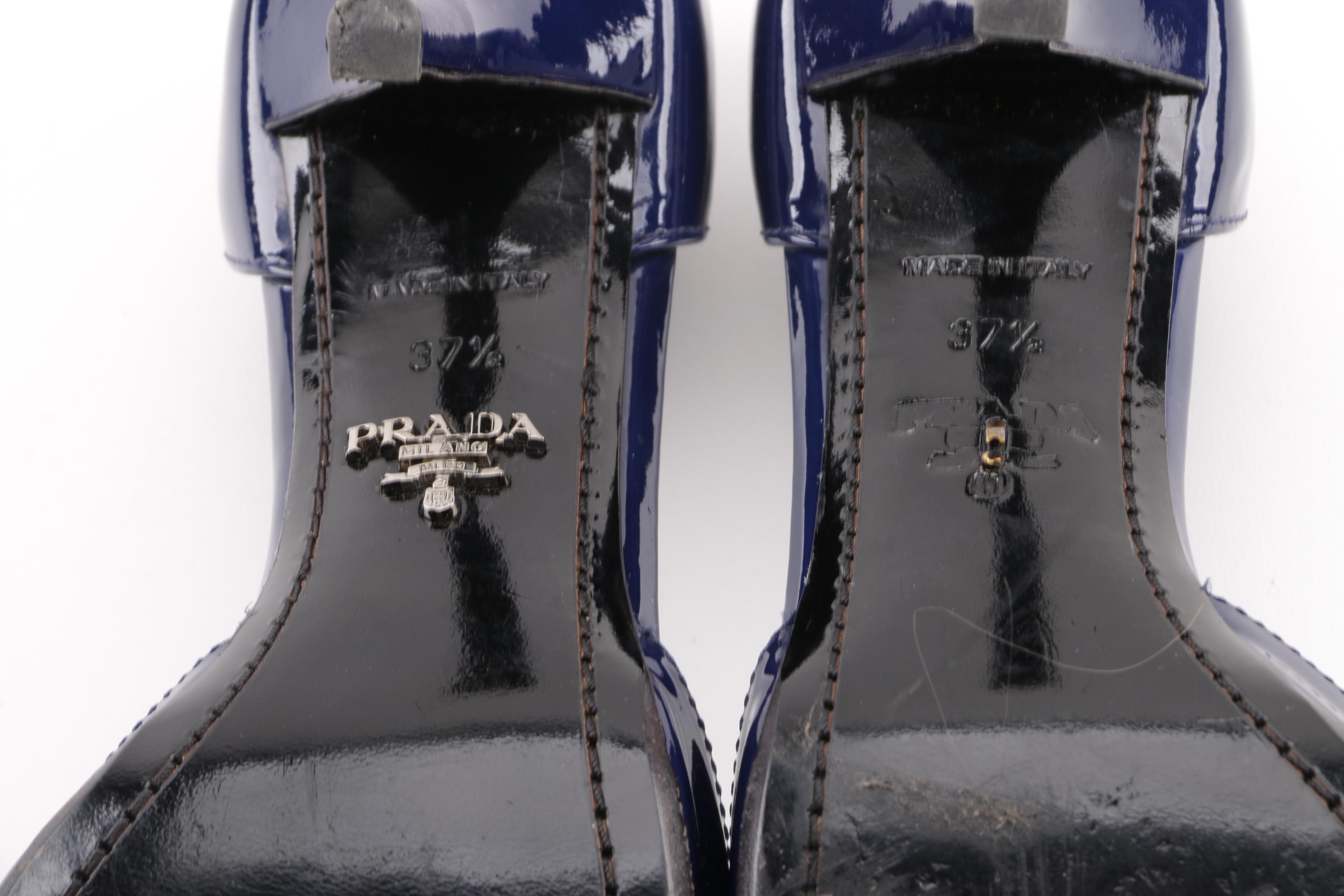 Prada Cobalt and Black Patent Leather d'Orsay Pumps with Bow Detail