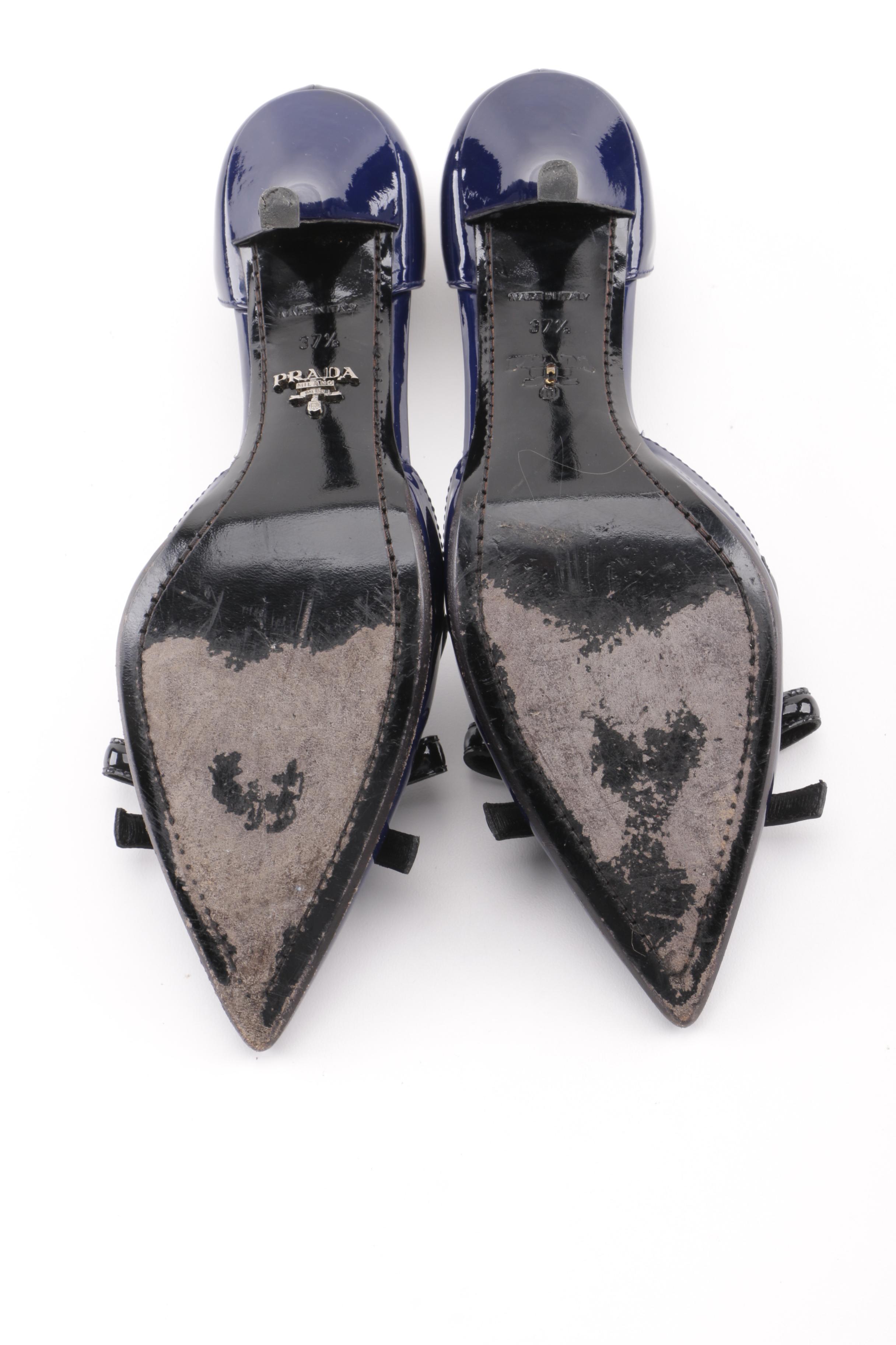 Prada Cobalt and Black Patent Leather d'Orsay Pumps with Bow Detail