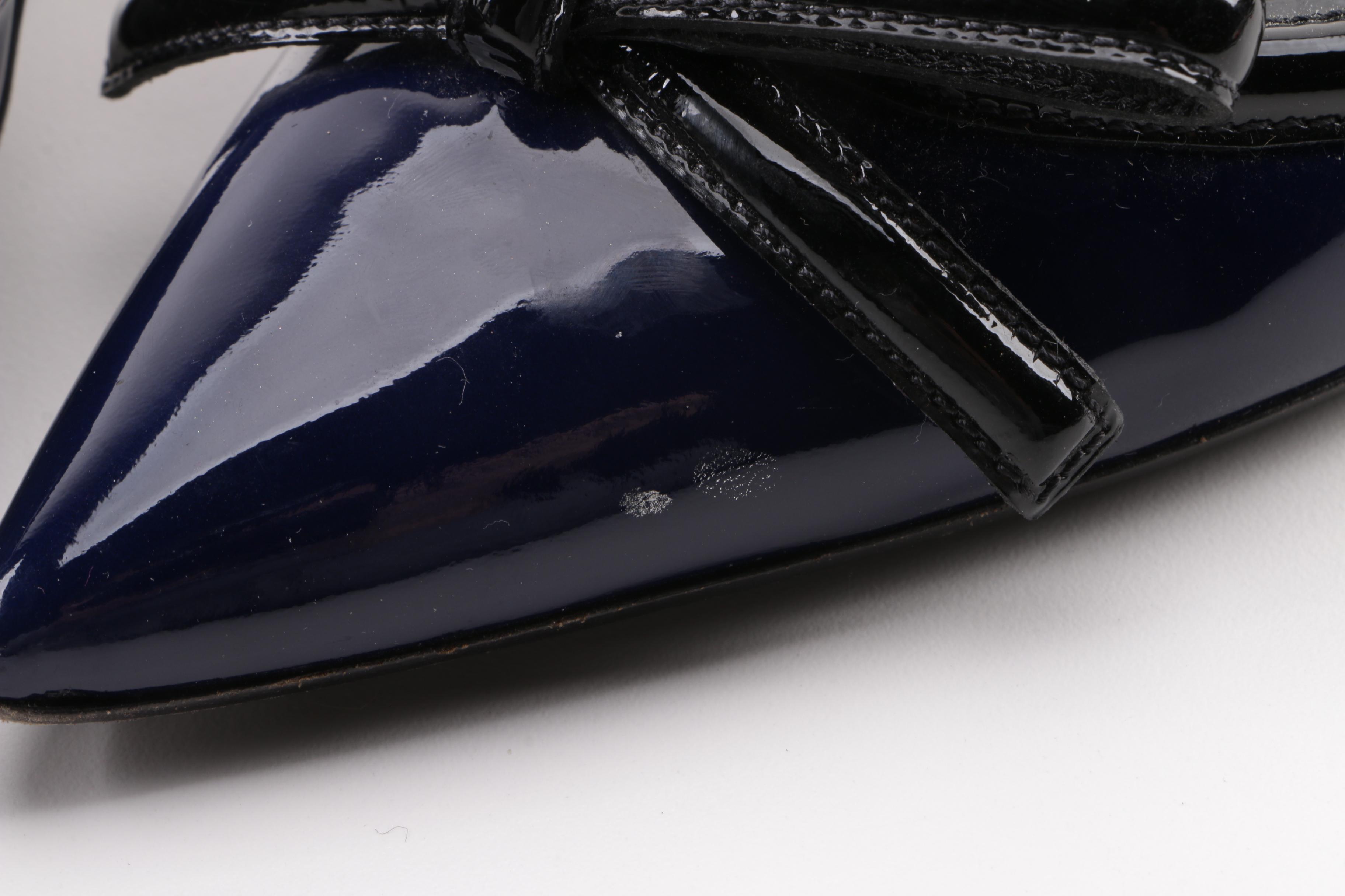 Prada Cobalt and Black Patent Leather d'Orsay Pumps with Bow Detail