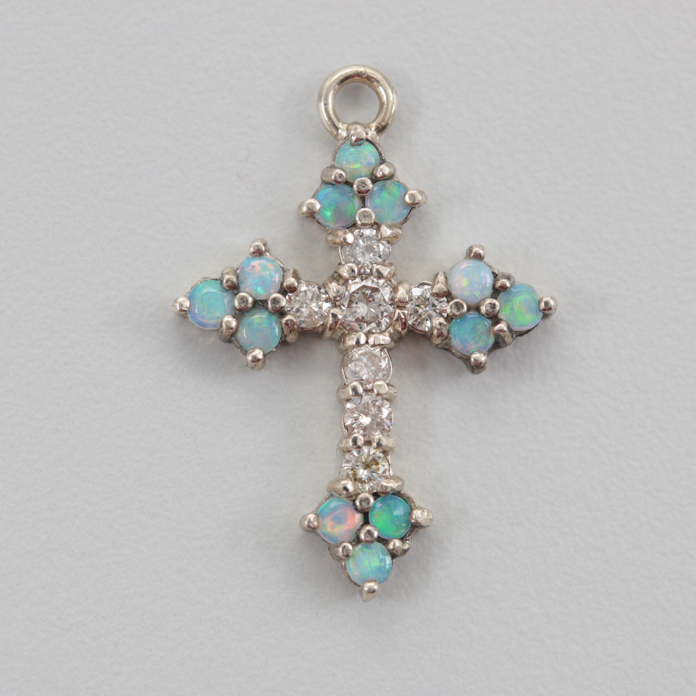 14K White Gold Diamond and Opal Crux Gemmata Cross Pendant