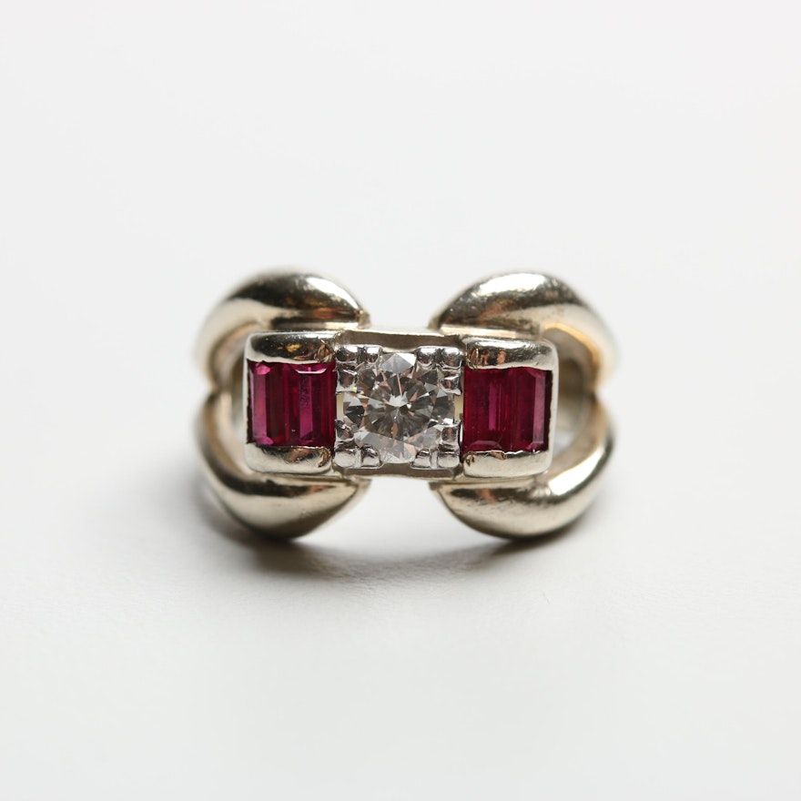 Retro 14K White Gold Diamond and Synthetic Ruby Ring with Palladium Setting