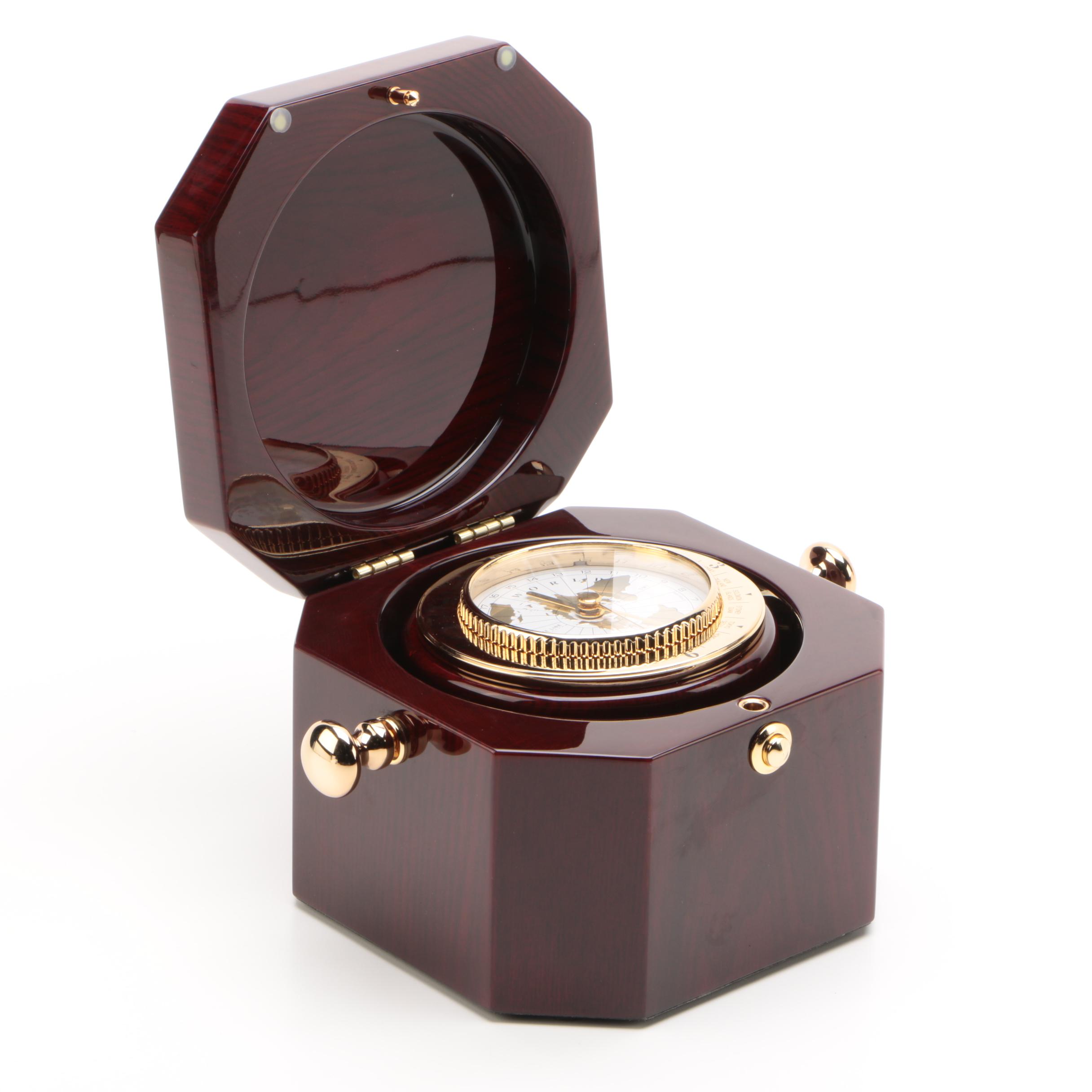 Chass World Desk Clock in a Dark Mahogany Wood Finish Chest