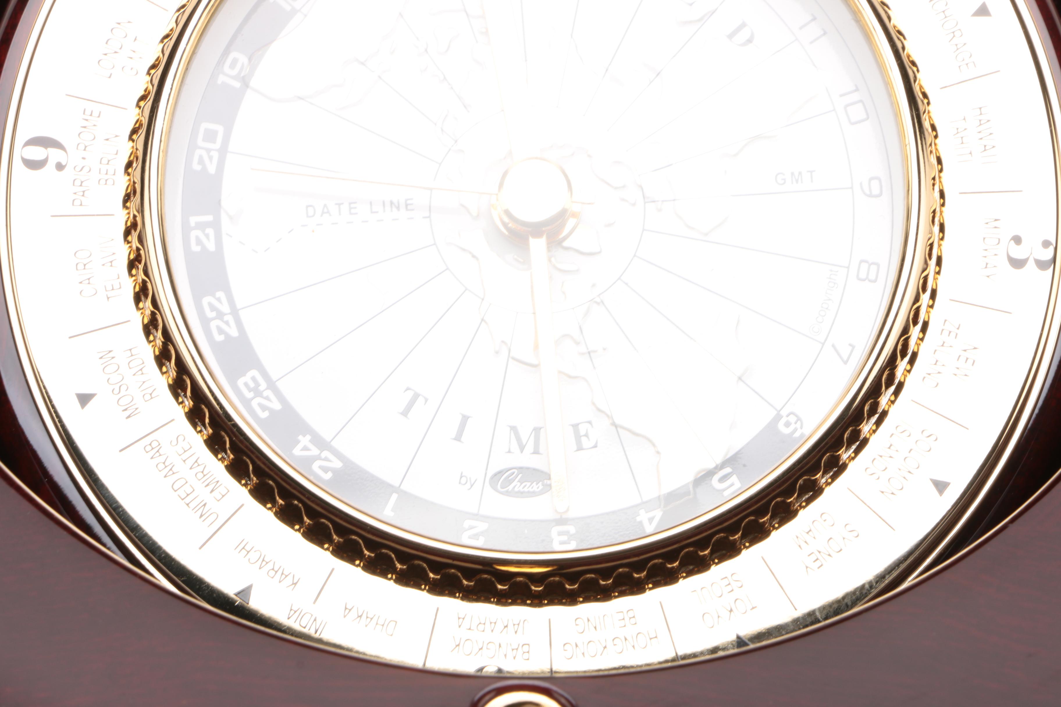 Chass World Desk Clock in a Dark Mahogany Wood Finish Chest