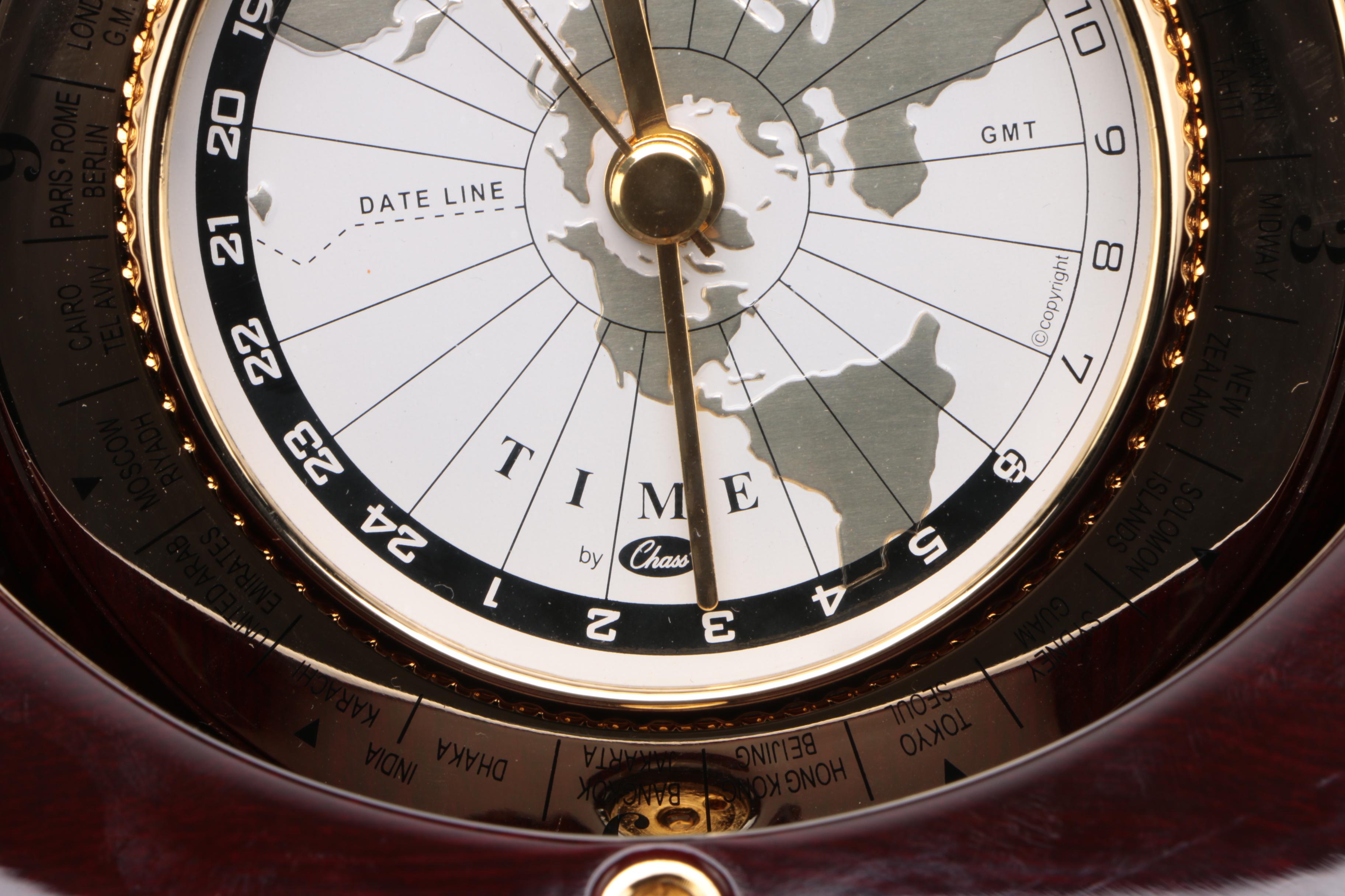 Chass World Desk Clock in a Dark Mahogany Wood Finish Chest