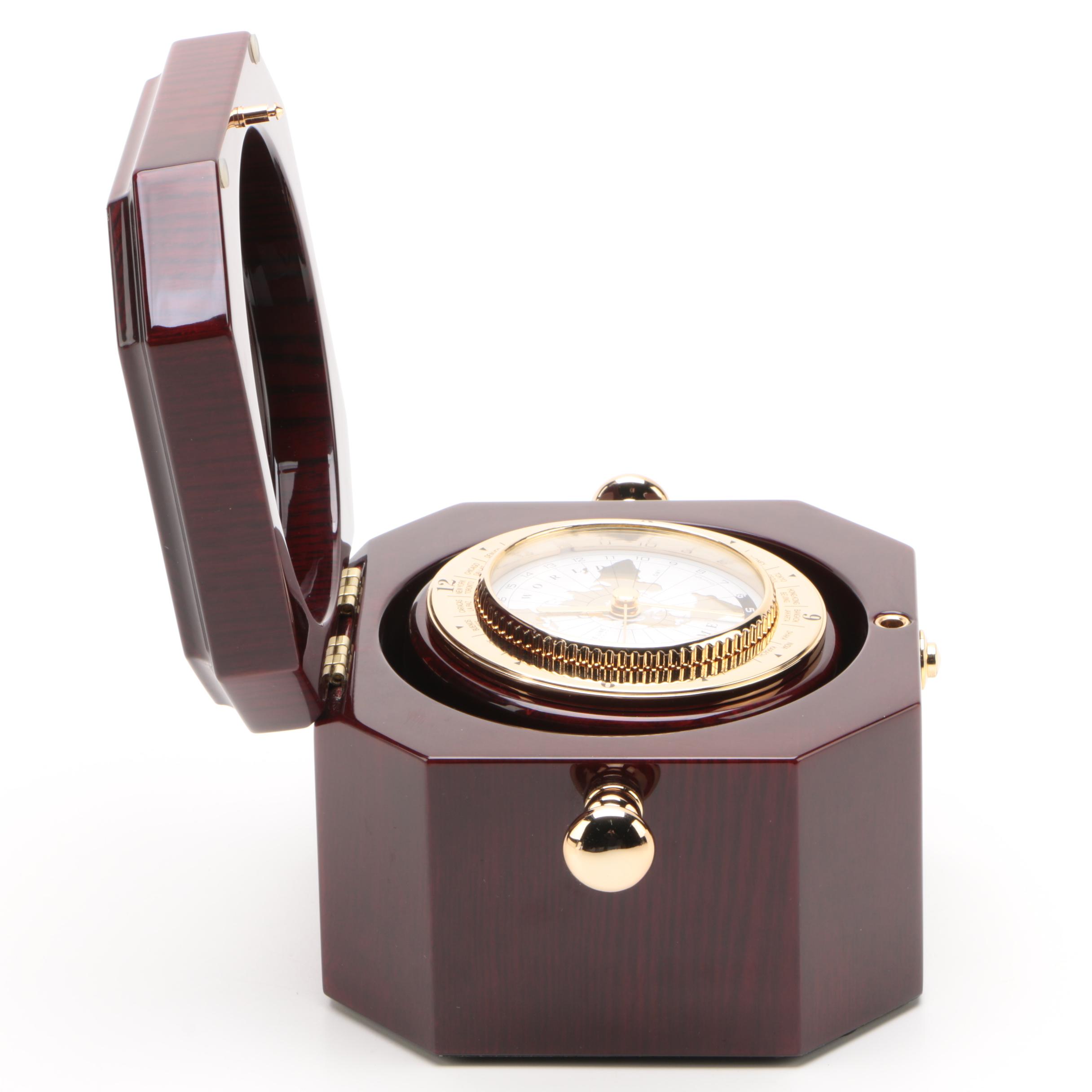 Chass World Desk Clock in a Dark Mahogany Wood Finish Chest