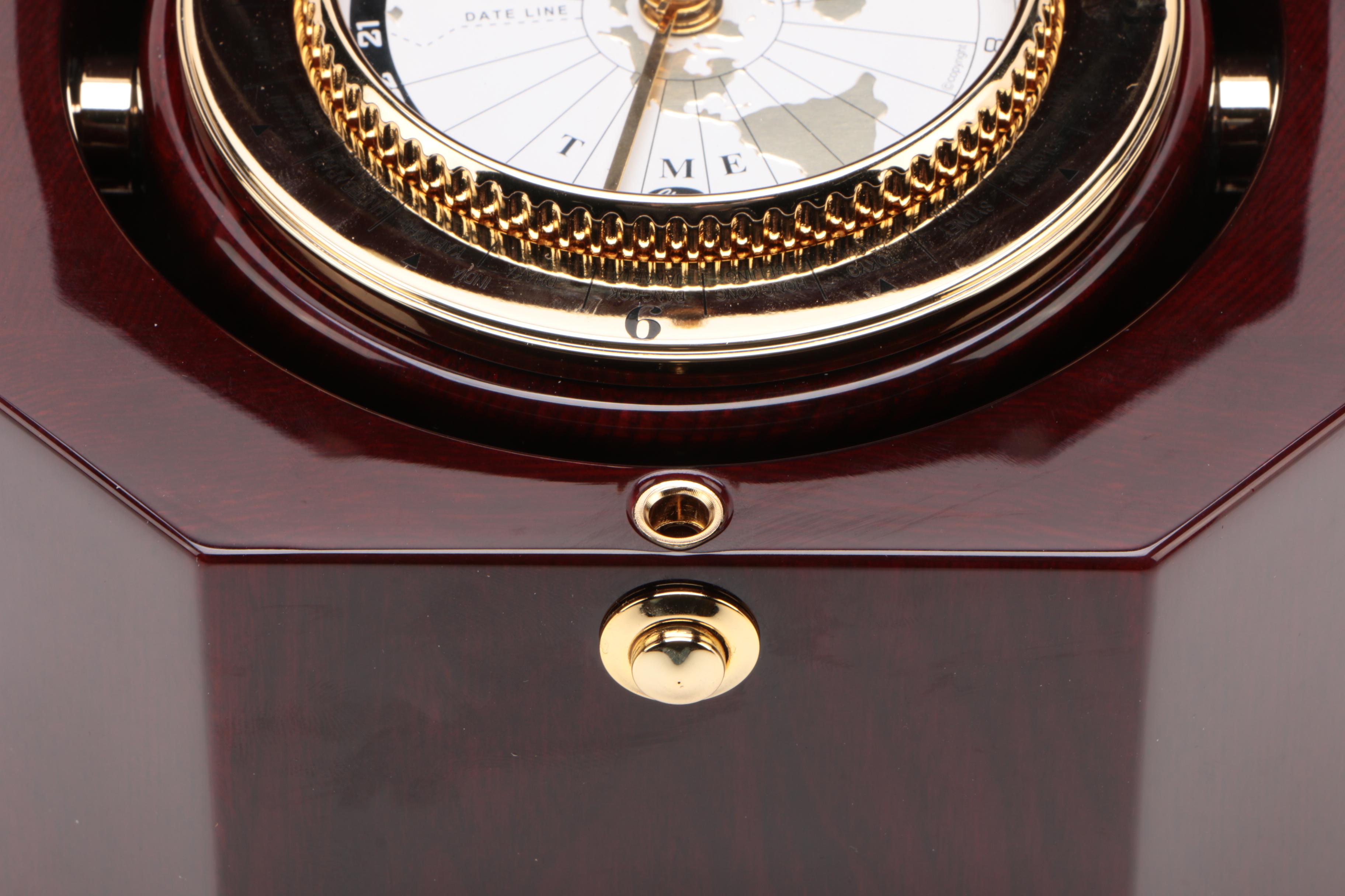 Chass World Desk Clock in a Dark Mahogany Wood Finish Chest