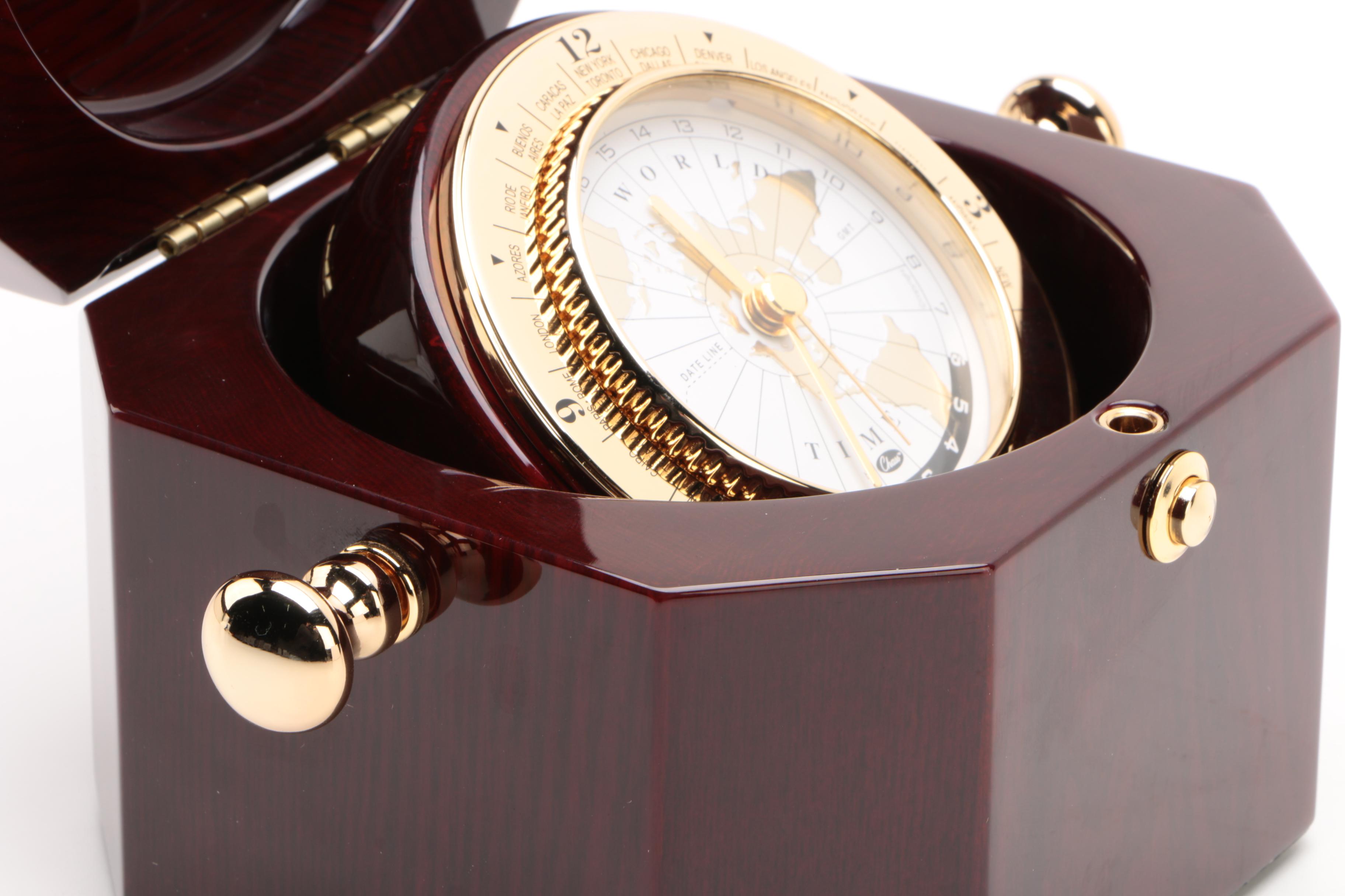 Chass World Desk Clock in a Dark Mahogany Wood Finish Chest
