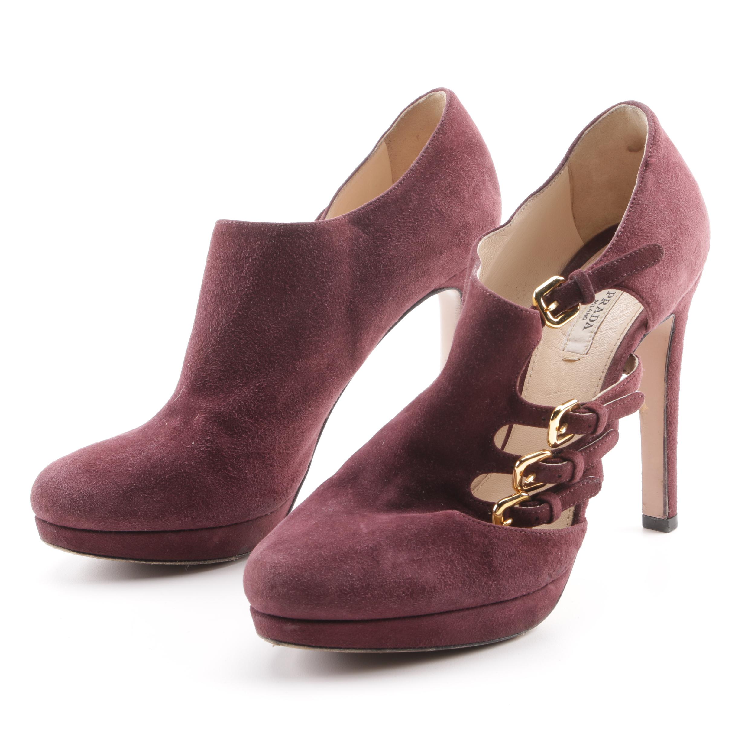 Prada Milano Plum Suede Buckle Platform Booties
