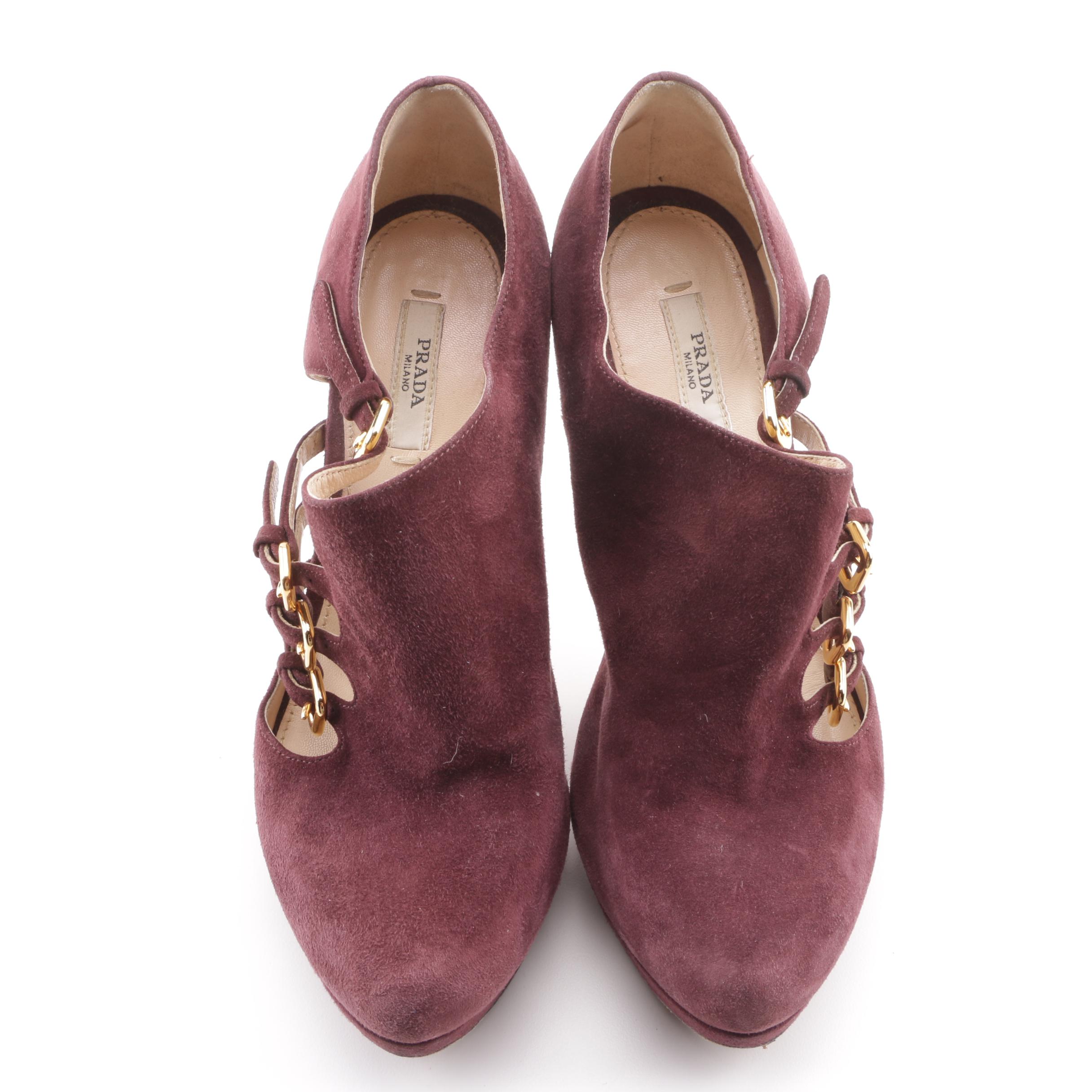 Prada Milano Plum Suede Buckle Platform Booties