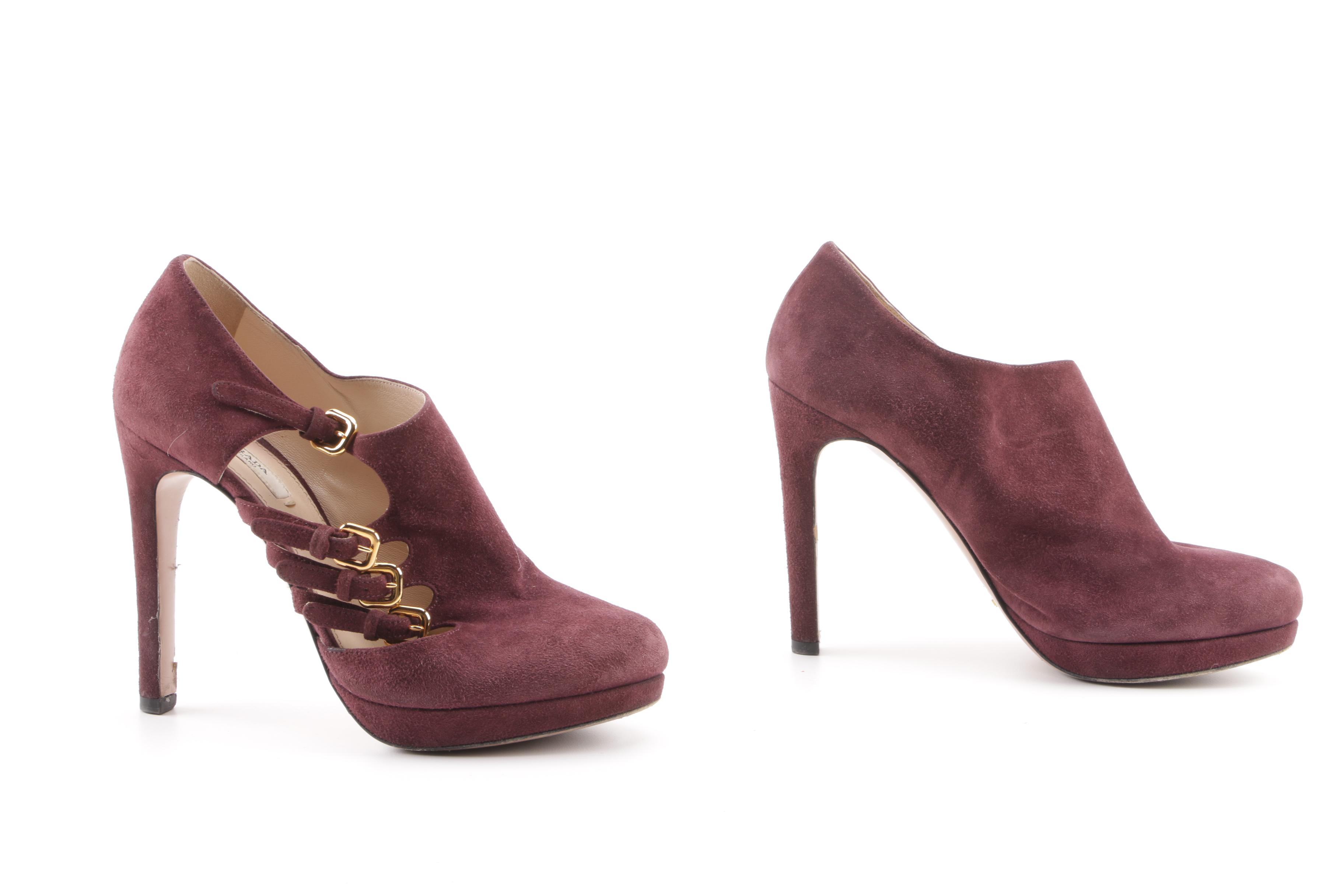 Prada Milano Plum Suede Buckle Platform Booties