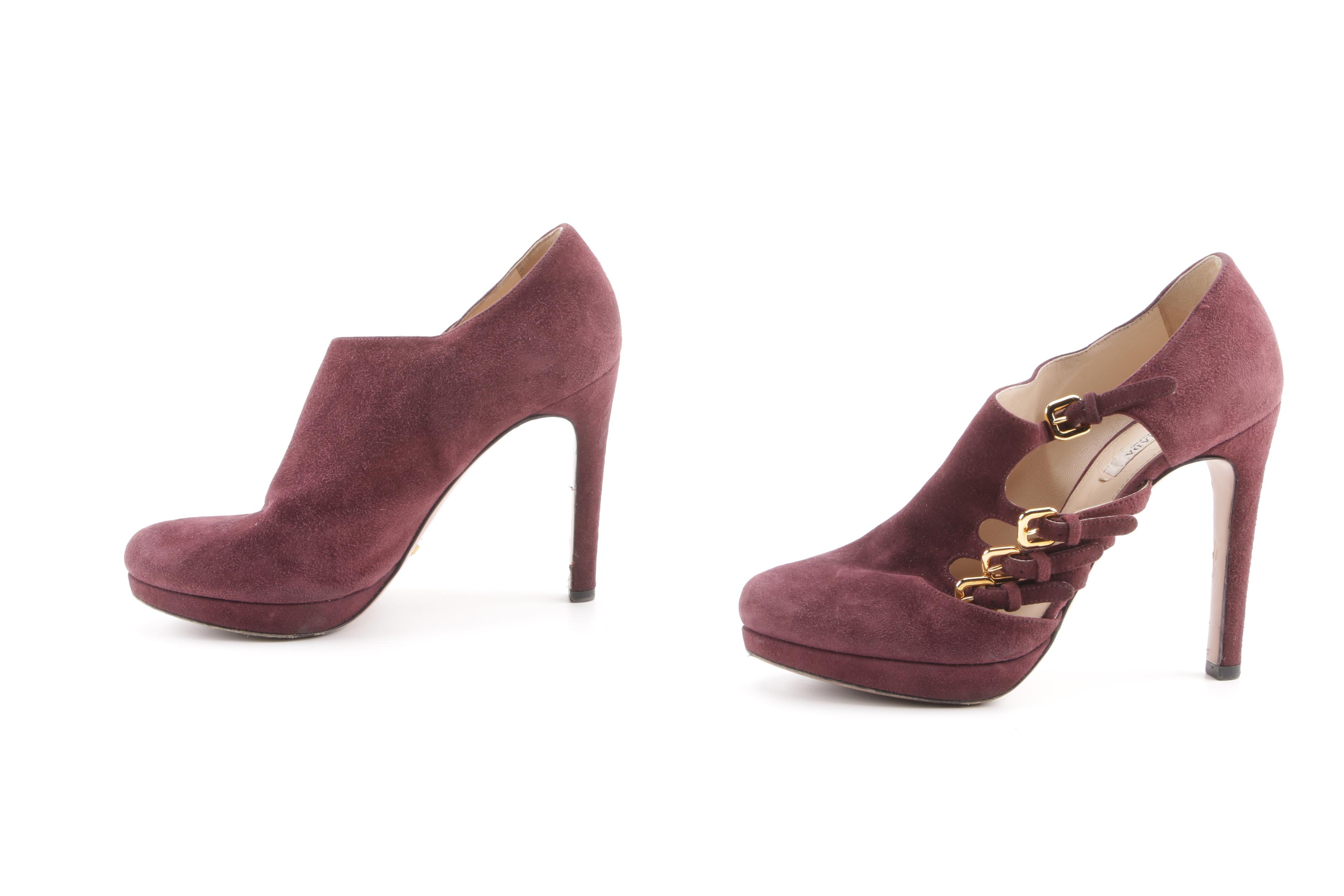 Prada Milano Plum Suede Buckle Platform Booties