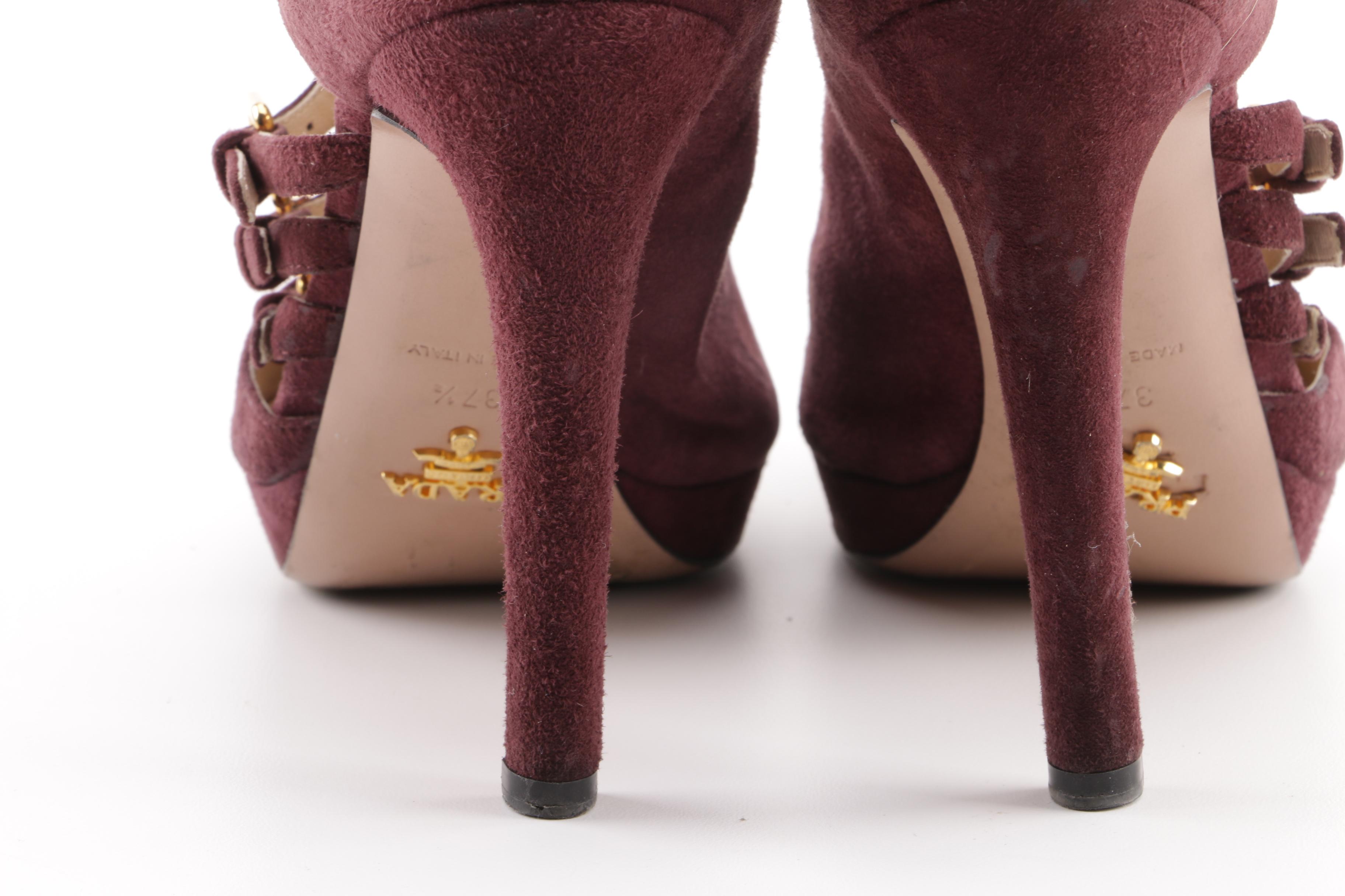 Prada Milano Plum Suede Buckle Platform Booties