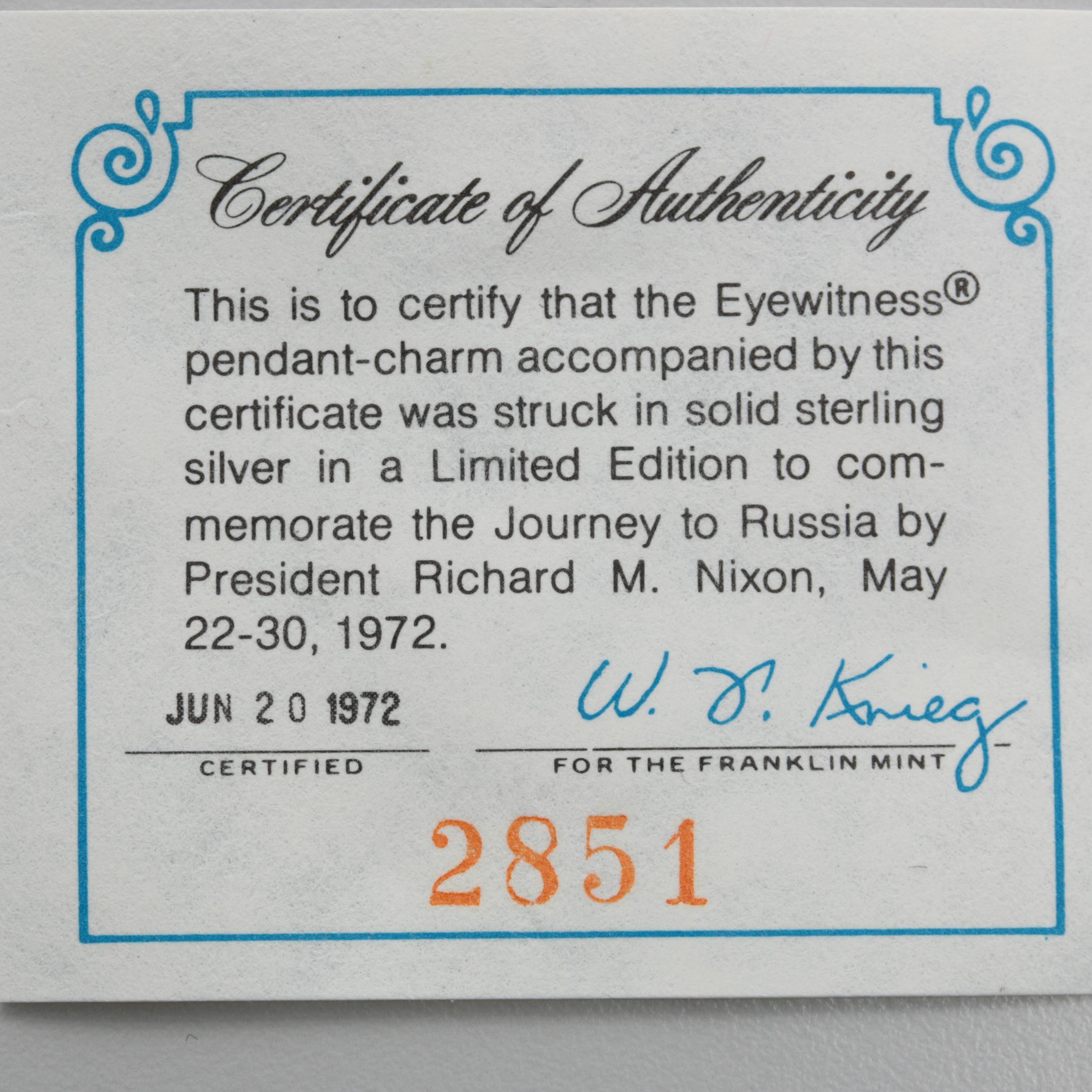 1972 Sterling Silver Commemorative Richard Nixon "Journey for Peace" Medallion