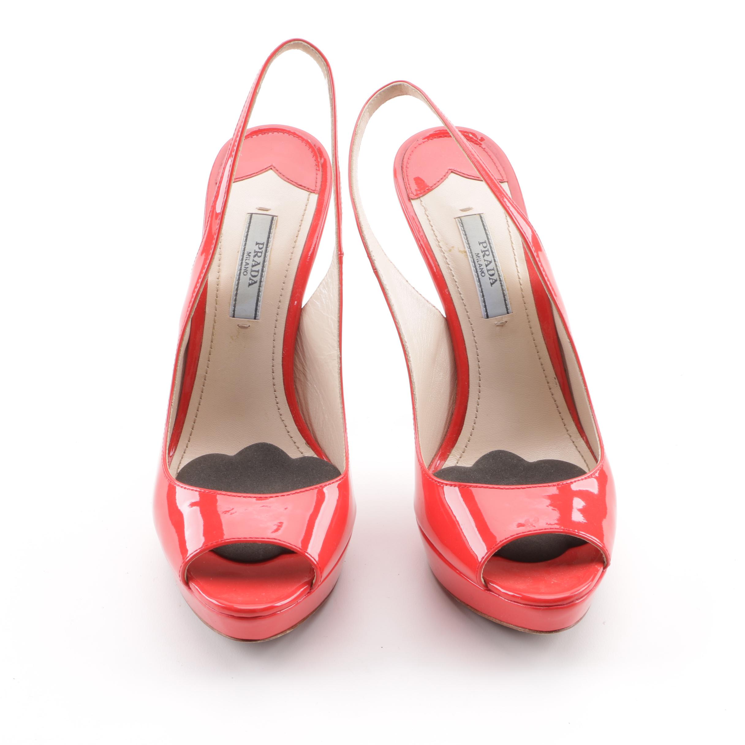 Prada Red Patent Leather Peep-Toe Platform Slingback Pumps