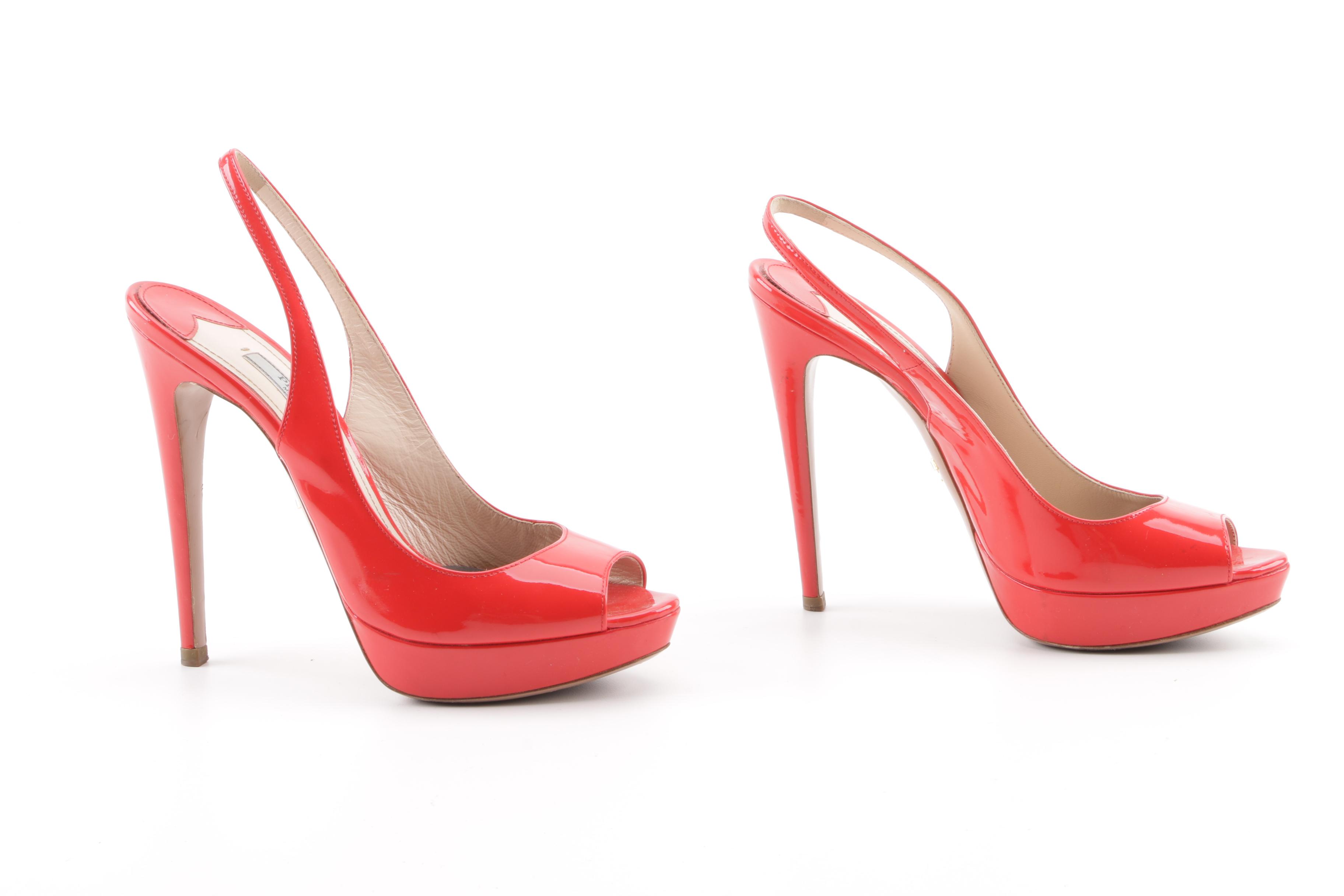 Prada Red Patent Leather Peep-Toe Platform Slingback Pumps