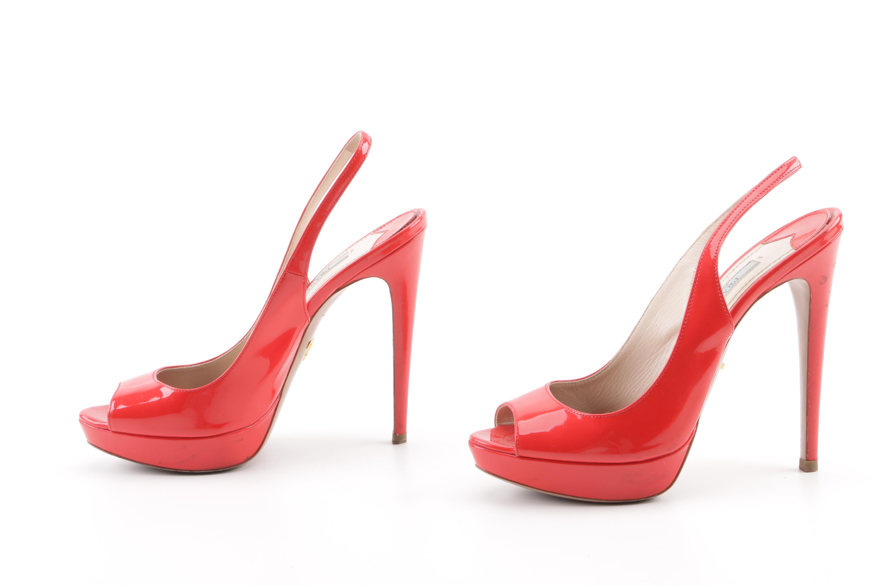Prada Red Patent Leather Peep-Toe Platform Slingback Pumps