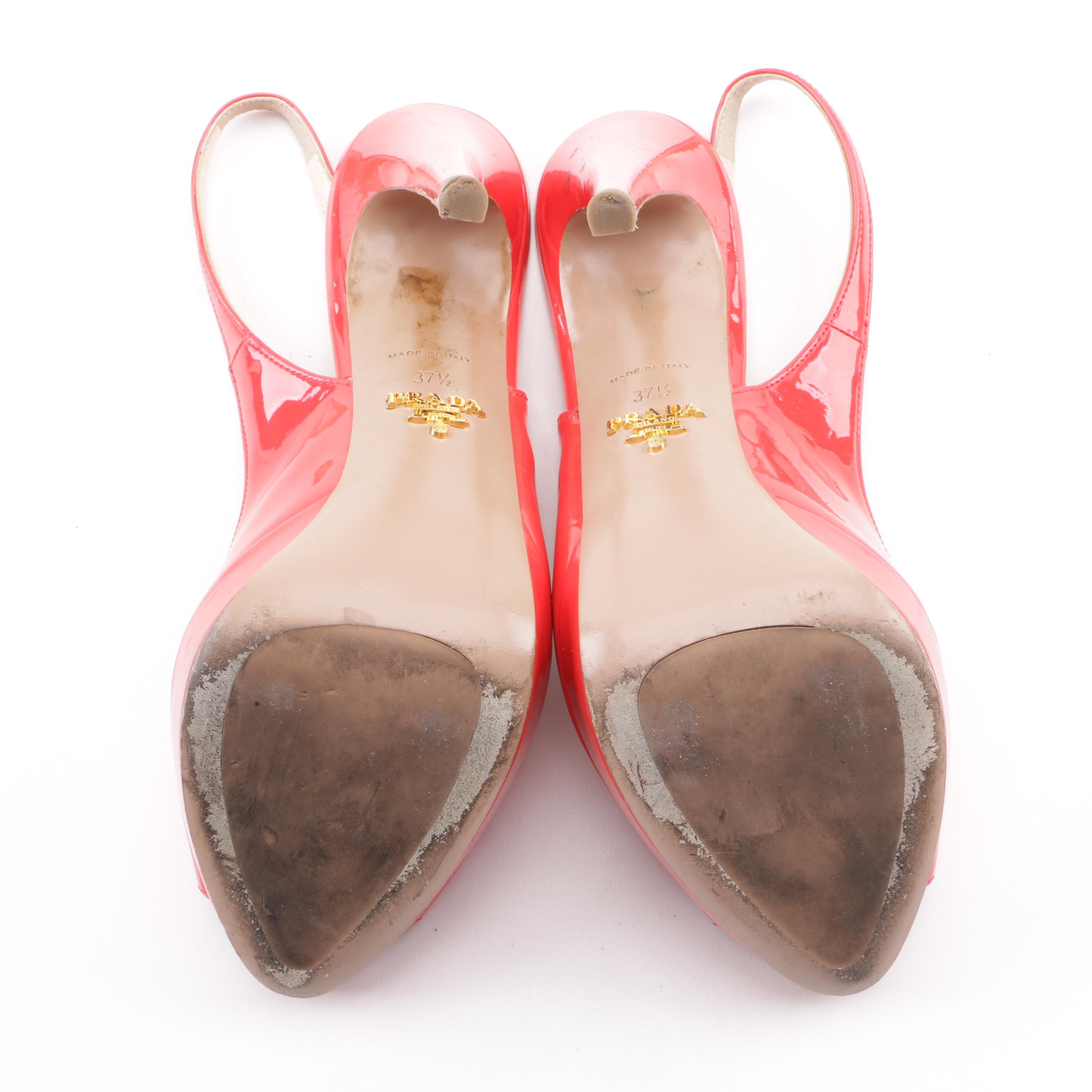 Prada Red Patent Leather Peep-Toe Platform Slingback Pumps