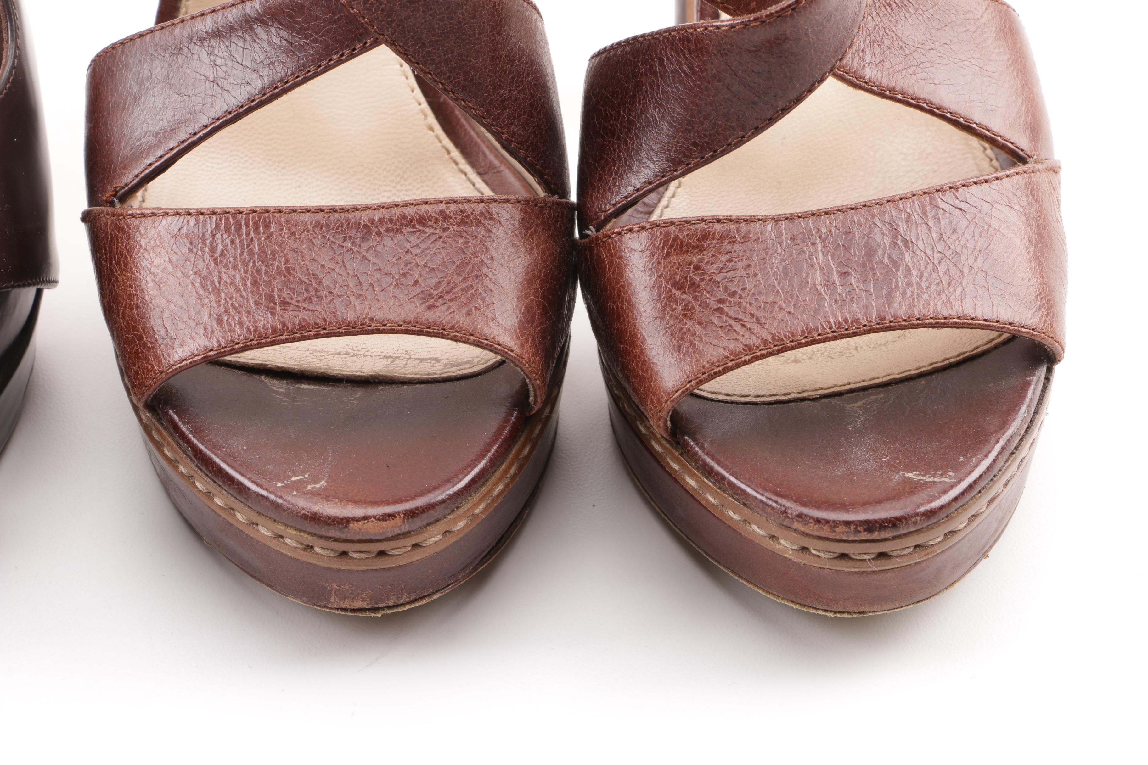 Christian Louboutin Soso and Prada Brown Leather High-Heeled Platform Sandals