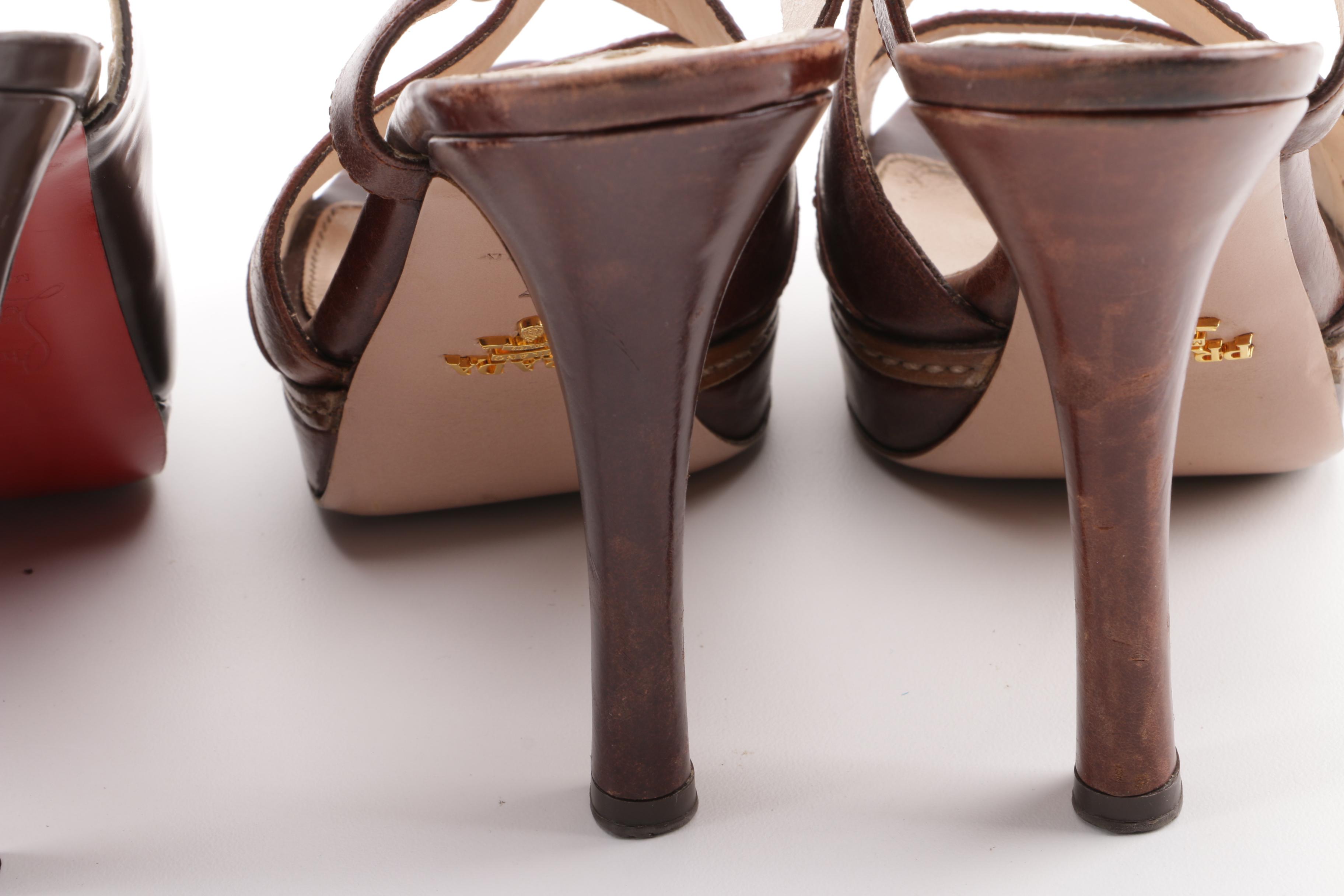 Christian Louboutin Soso and Prada Brown Leather High-Heeled Platform Sandals