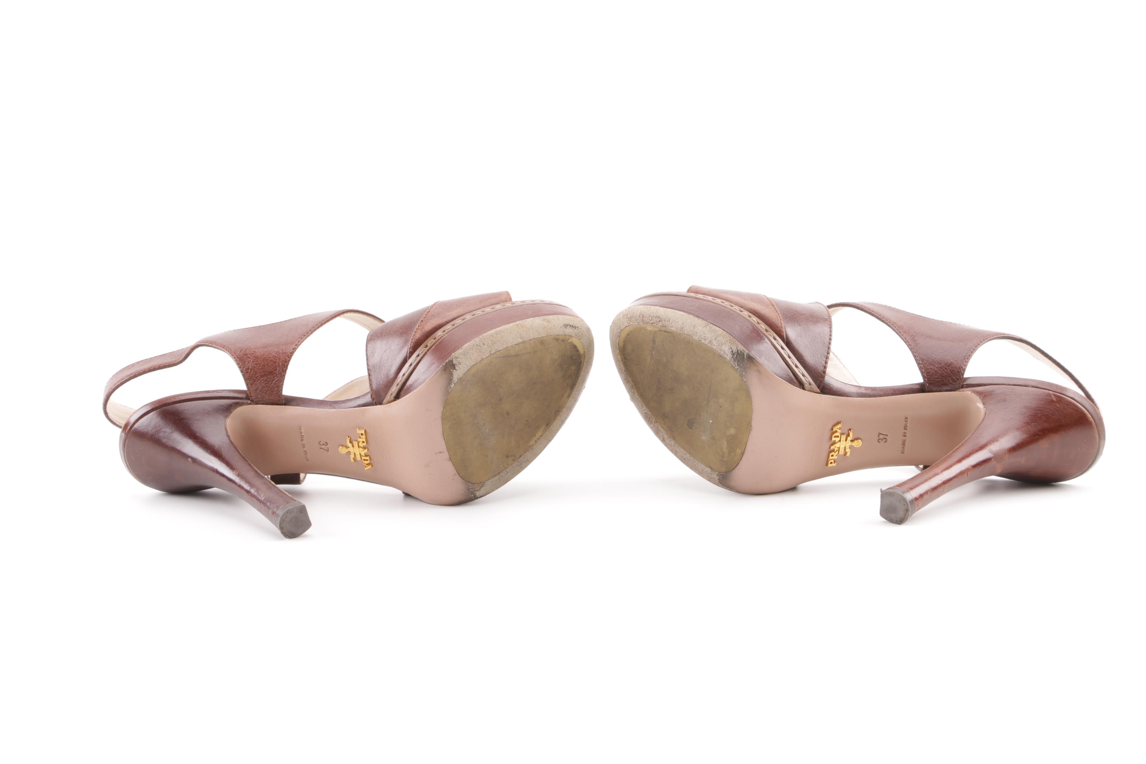 Christian Louboutin Soso and Prada Brown Leather High-Heeled Platform Sandals