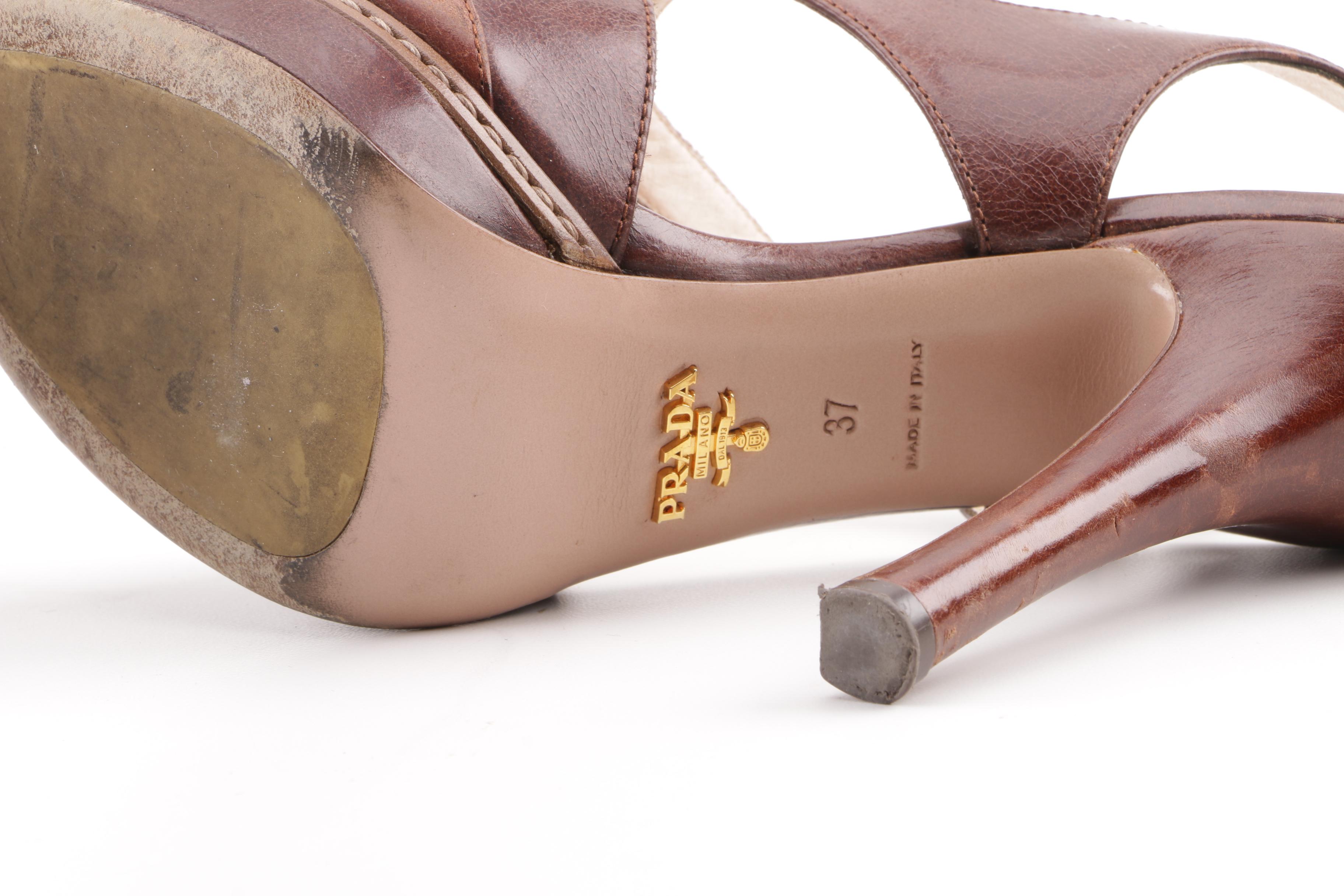 Christian Louboutin Soso and Prada Brown Leather High-Heeled Platform Sandals