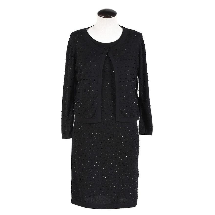 Women's Les Copains Black Cashmere Blend Beaded Sleeveless Dress and Shrug