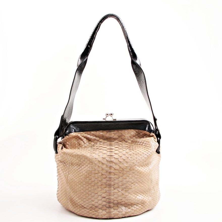 Devi Kroell Taupe Python and Black Patent Leather Frame Bucket Bag