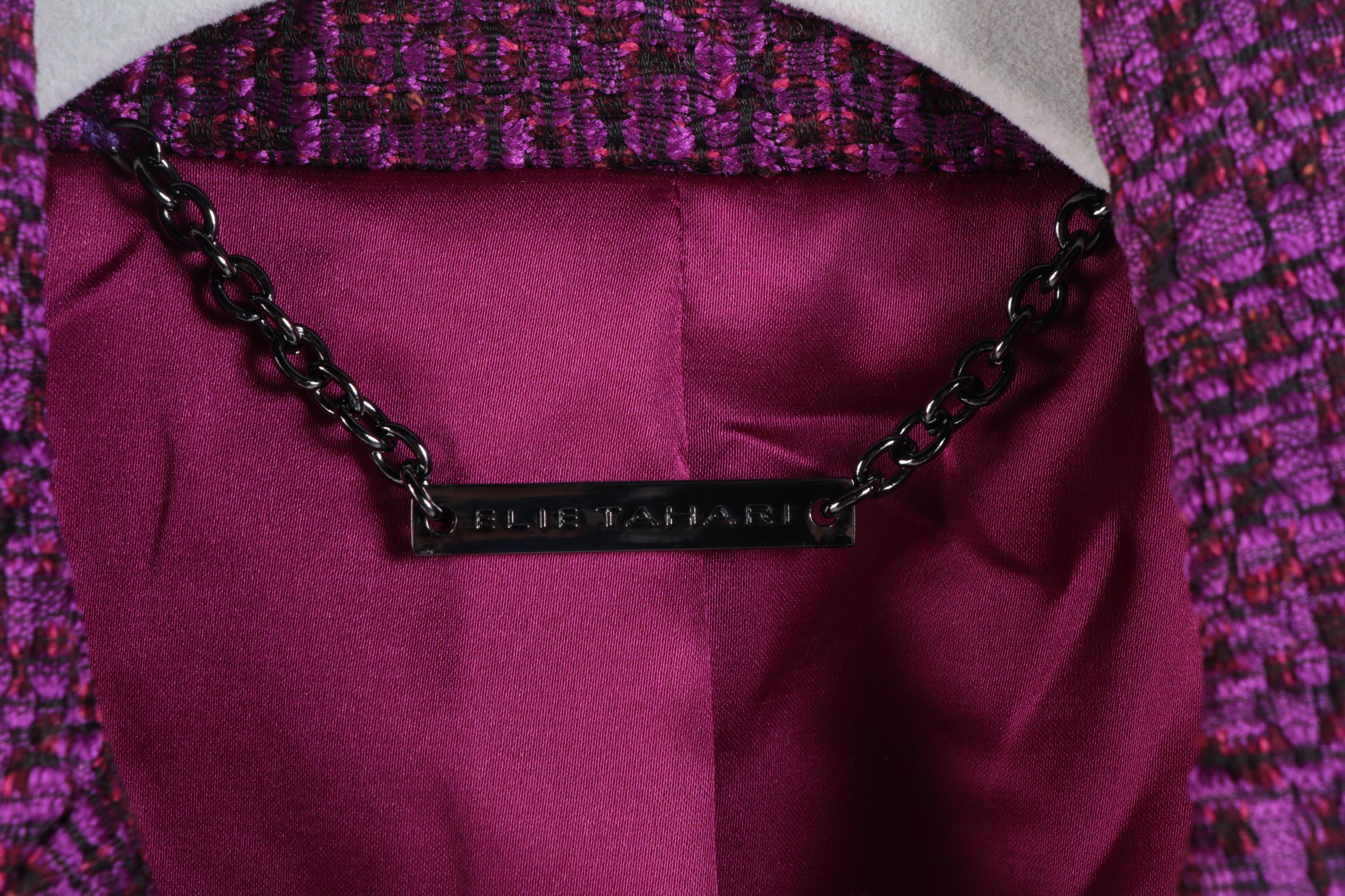 Elie Tahari Leather Accented Jacket, Dark Tone Blazers and Magenta Skirt Suit