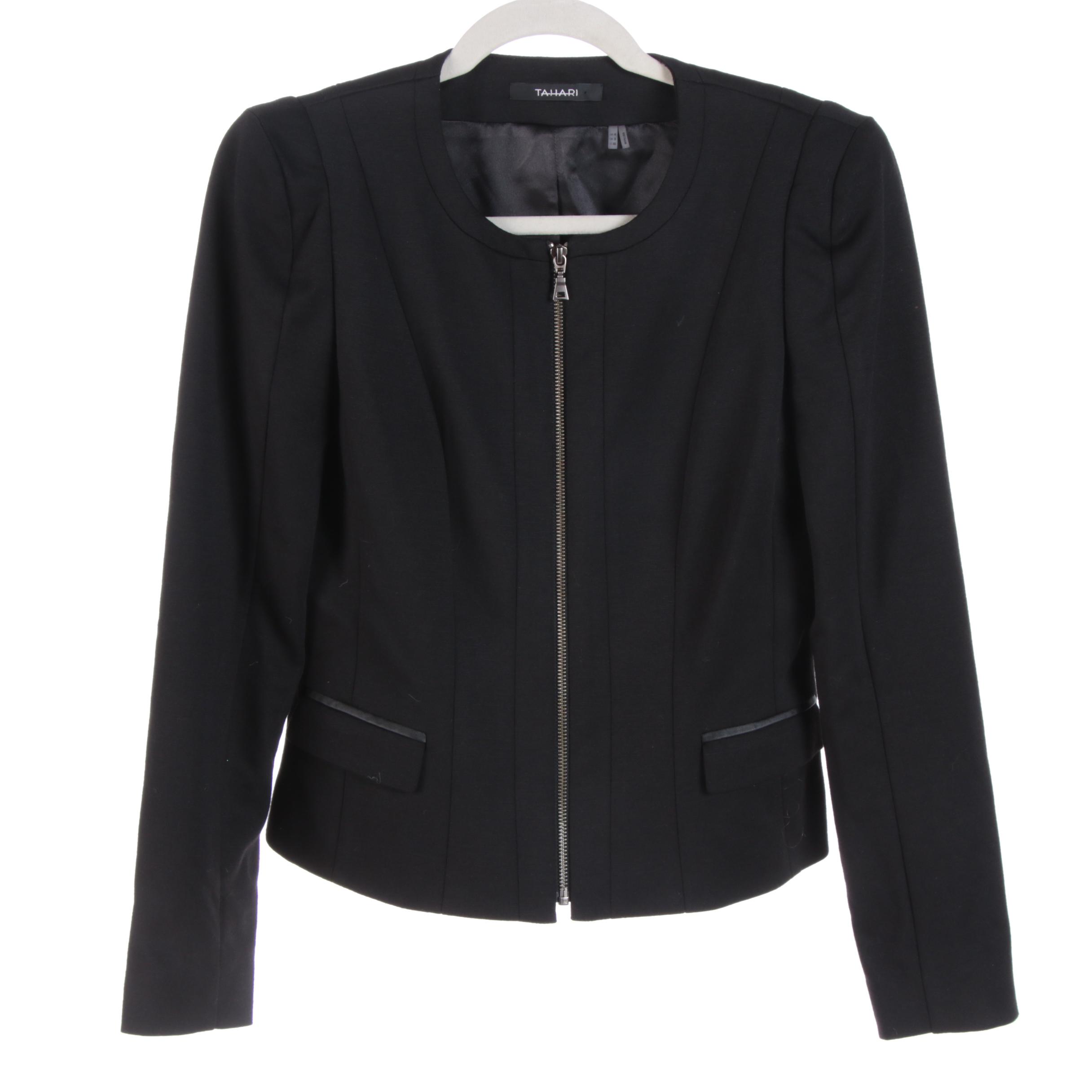 Elie Tahari Leather Accented Jacket, Dark Tone Blazers and Magenta Skirt Suit