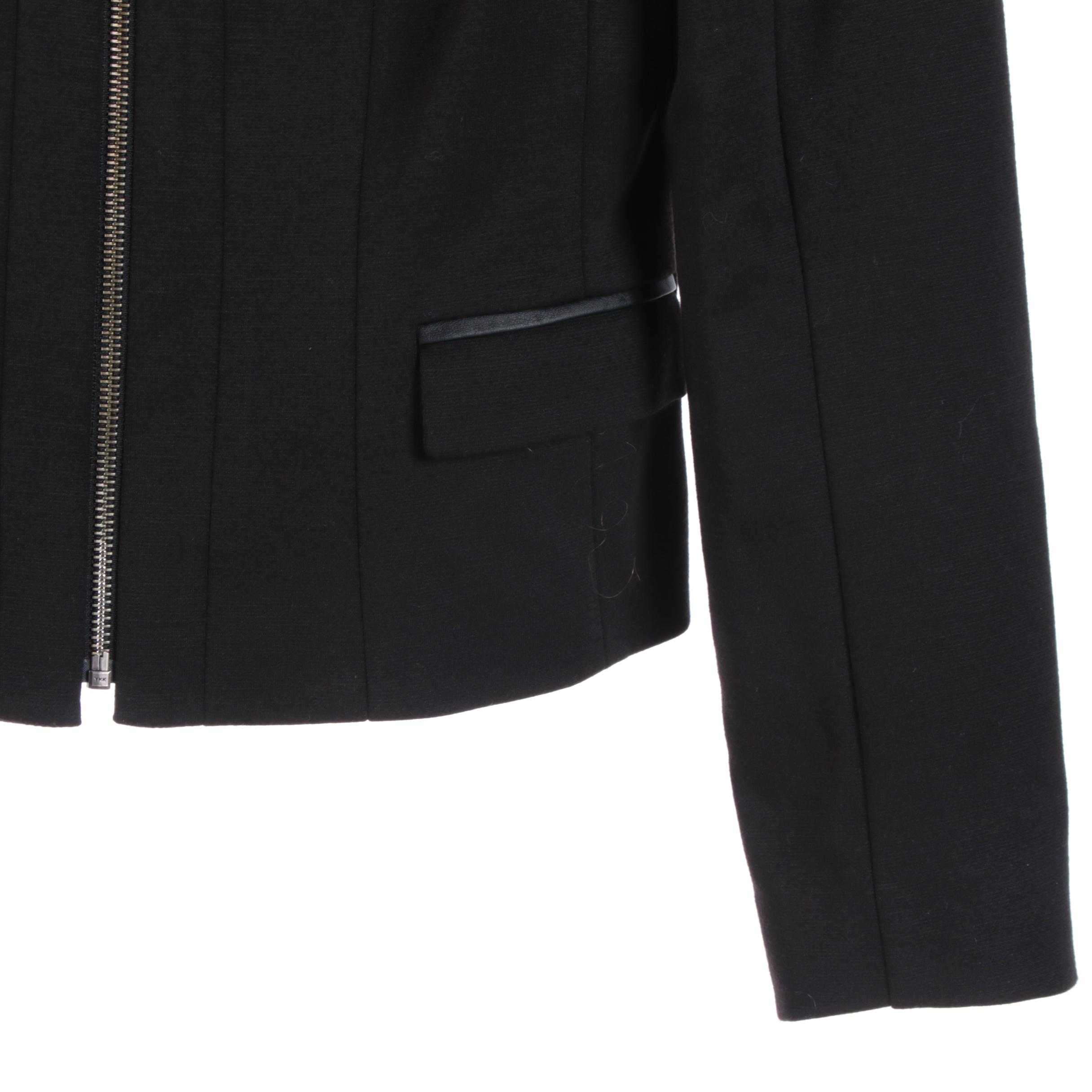 Elie Tahari Leather Accented Jacket, Dark Tone Blazers and Magenta Skirt Suit