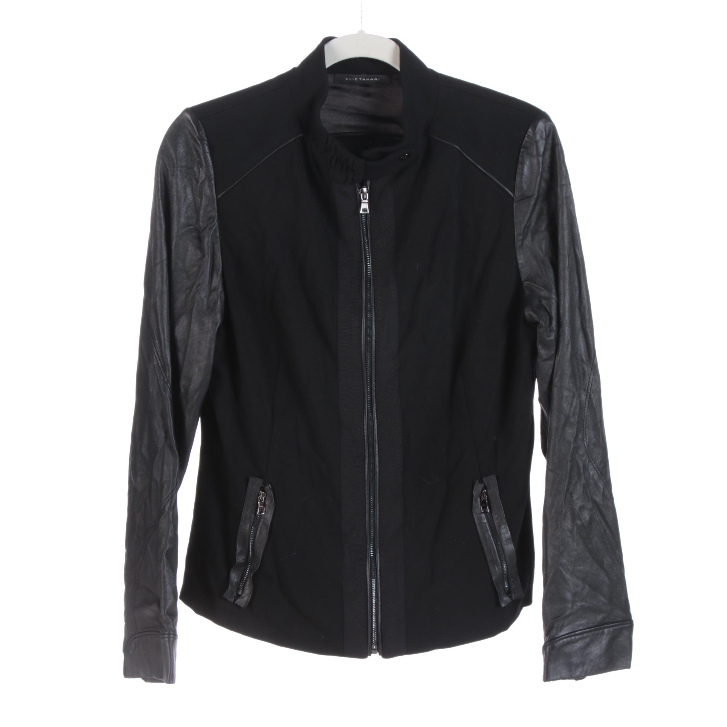 Elie Tahari Leather Accented Jacket, Dark Tone Blazers and Magenta Skirt Suit