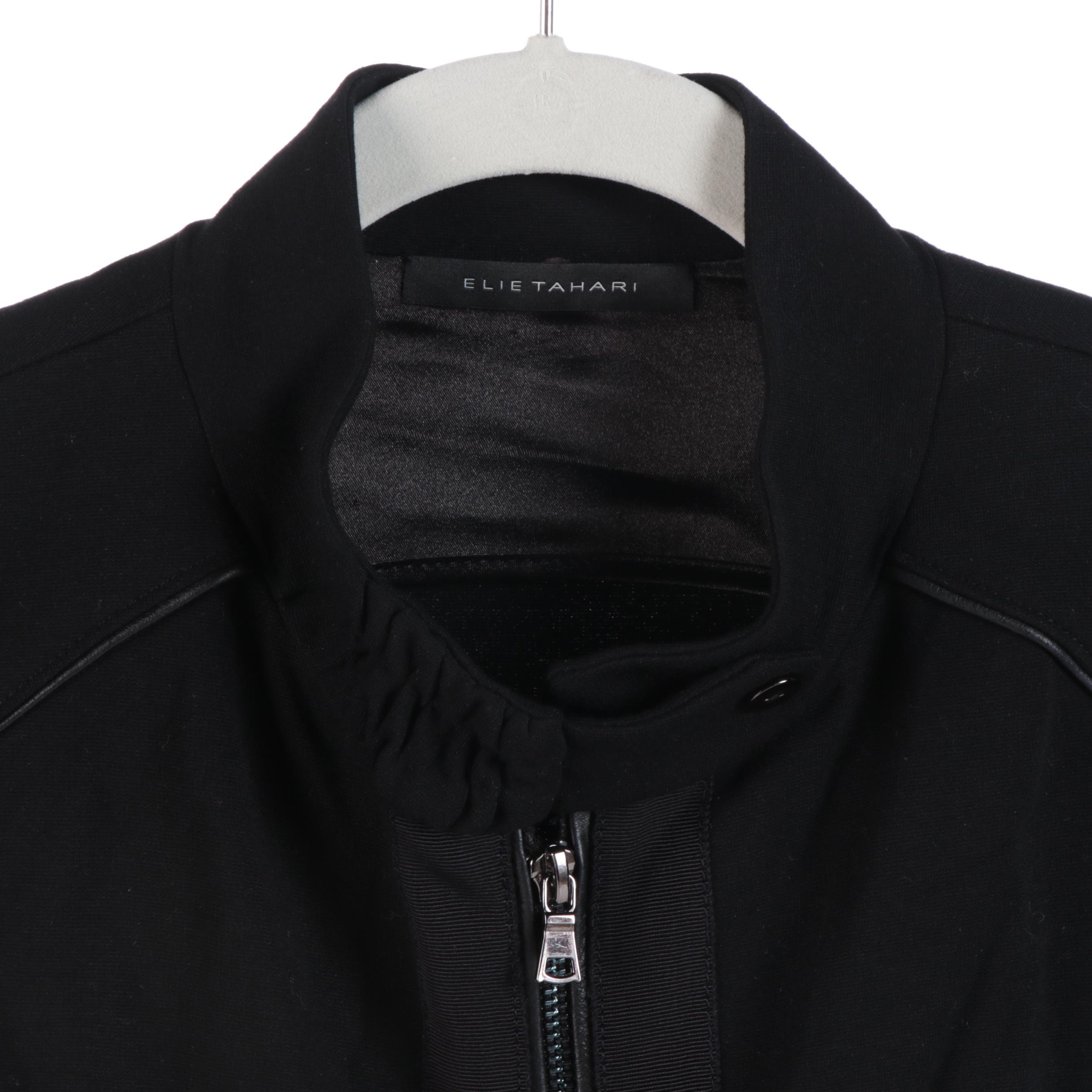 Elie Tahari Leather Accented Jacket, Dark Tone Blazers and Magenta Skirt Suit