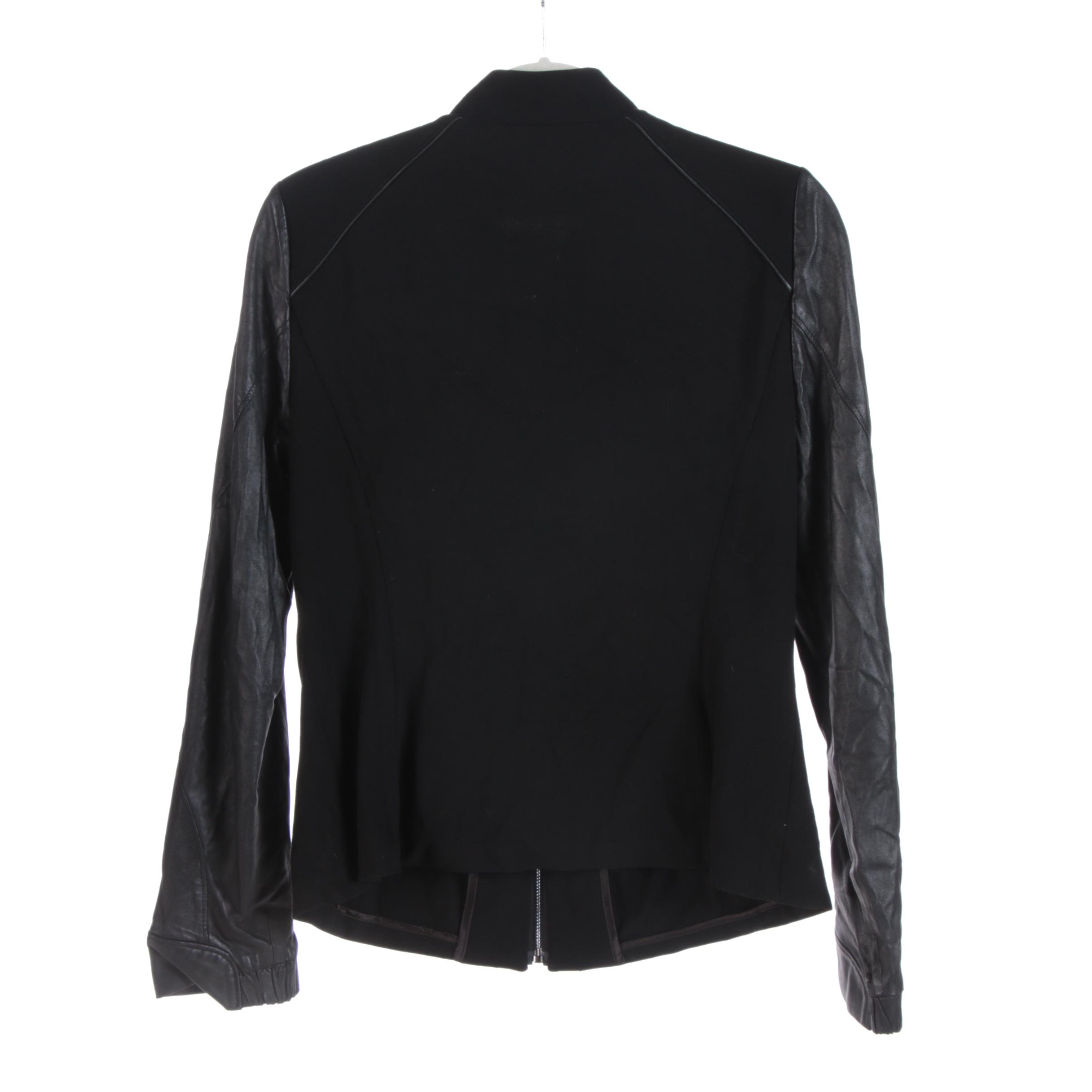 Elie Tahari Leather Accented Jacket, Dark Tone Blazers and Magenta Skirt Suit