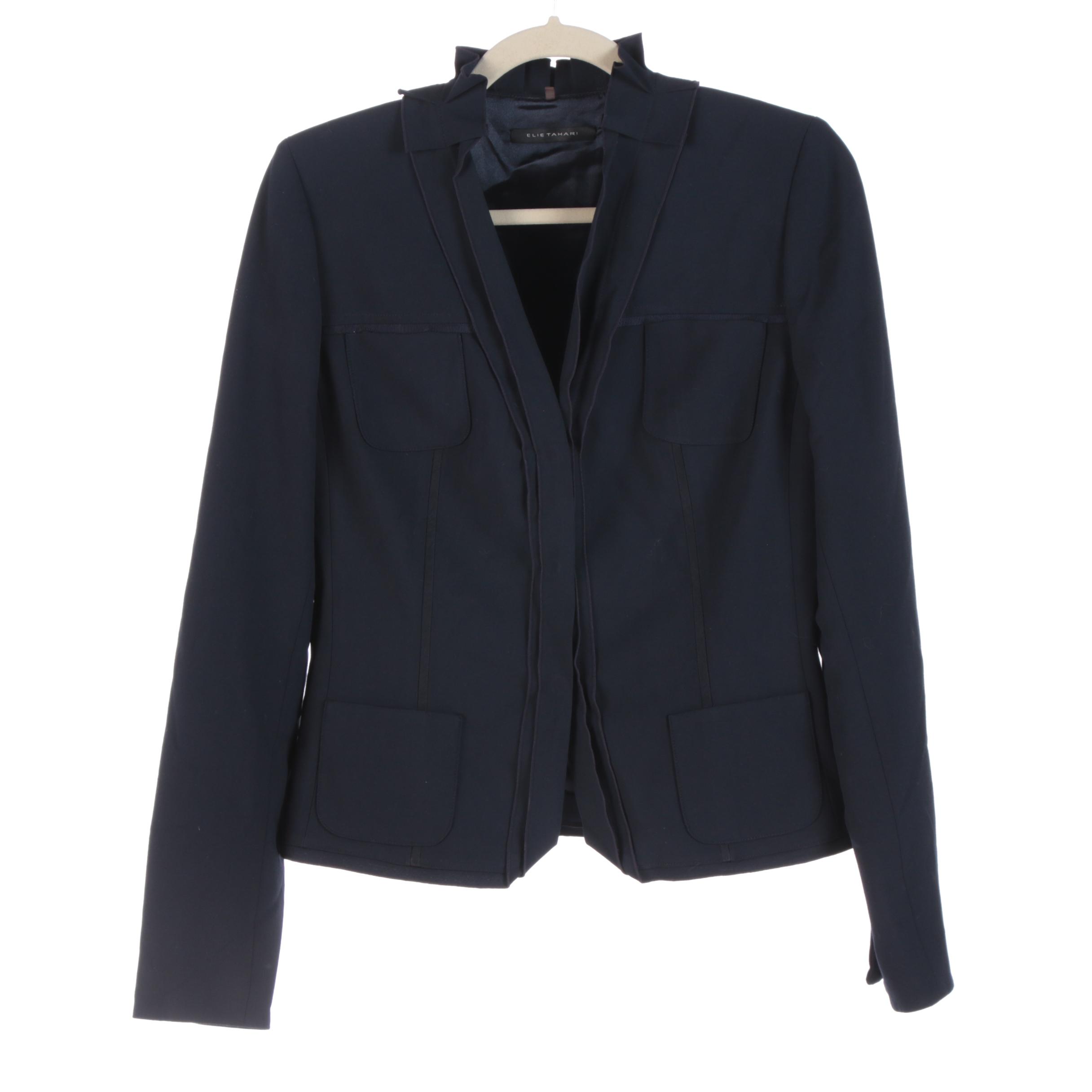 Elie Tahari Leather Accented Jacket, Dark Tone Blazers and Magenta Skirt Suit