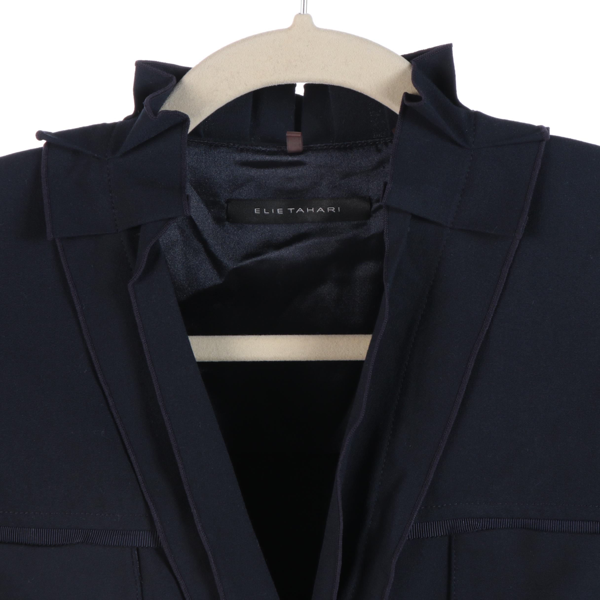 Elie Tahari Leather Accented Jacket, Dark Tone Blazers and Magenta Skirt Suit