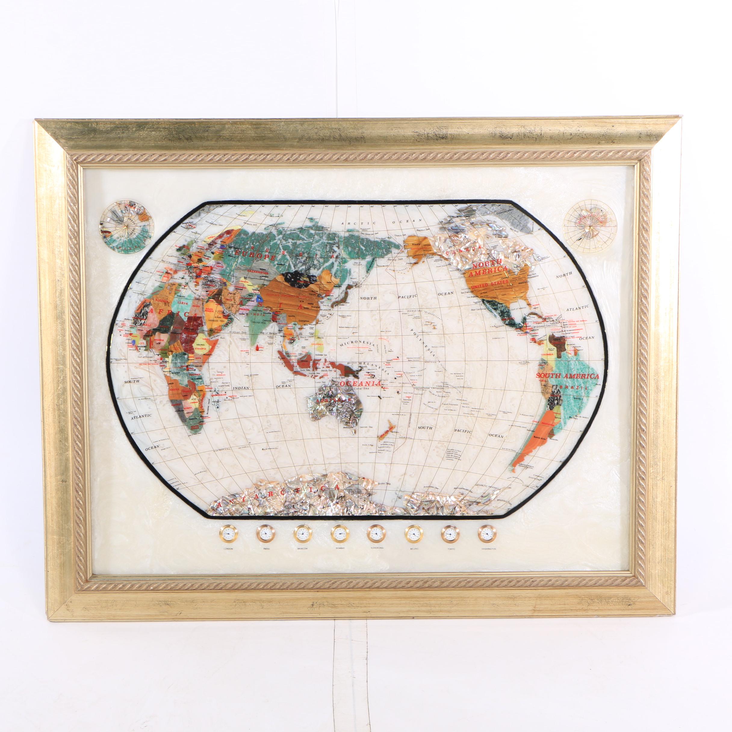 Framed Semi-Precious Gemstone World Map with World Time Clocks