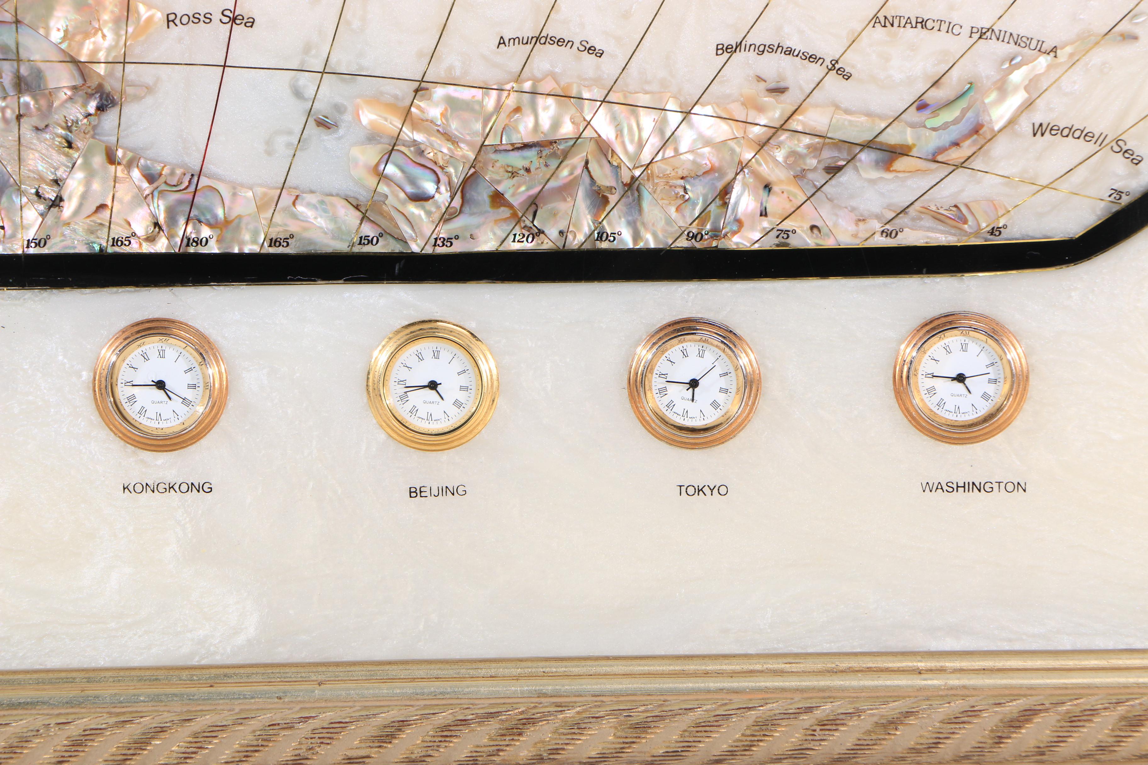 Framed Semi-Precious Gemstone World Map with World Time Clocks