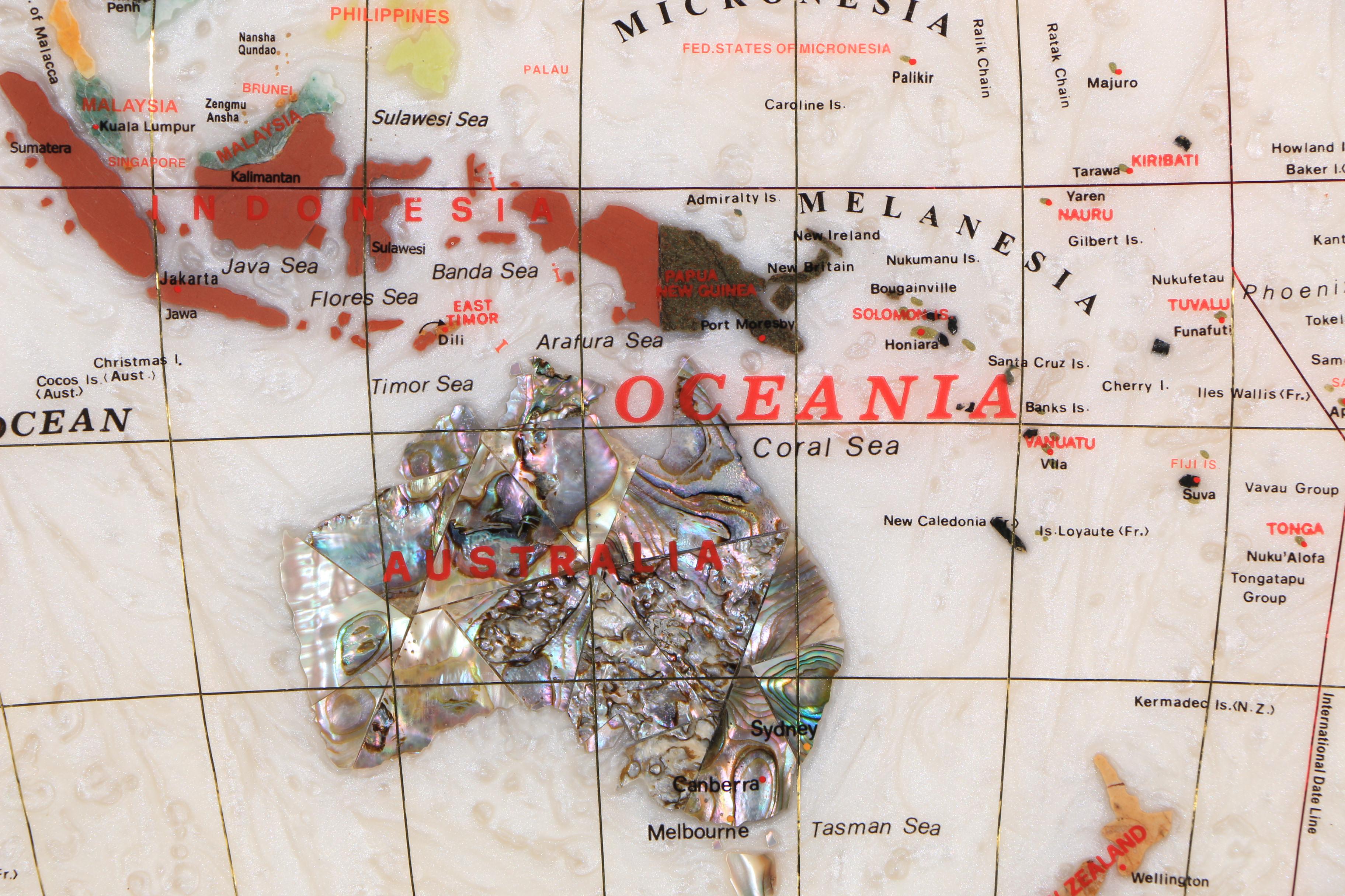 Framed Semi-Precious Gemstone World Map with World Time Clocks