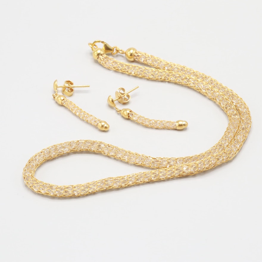 18K Yellow Gold Cubic Zirconia Necklace and Earrings