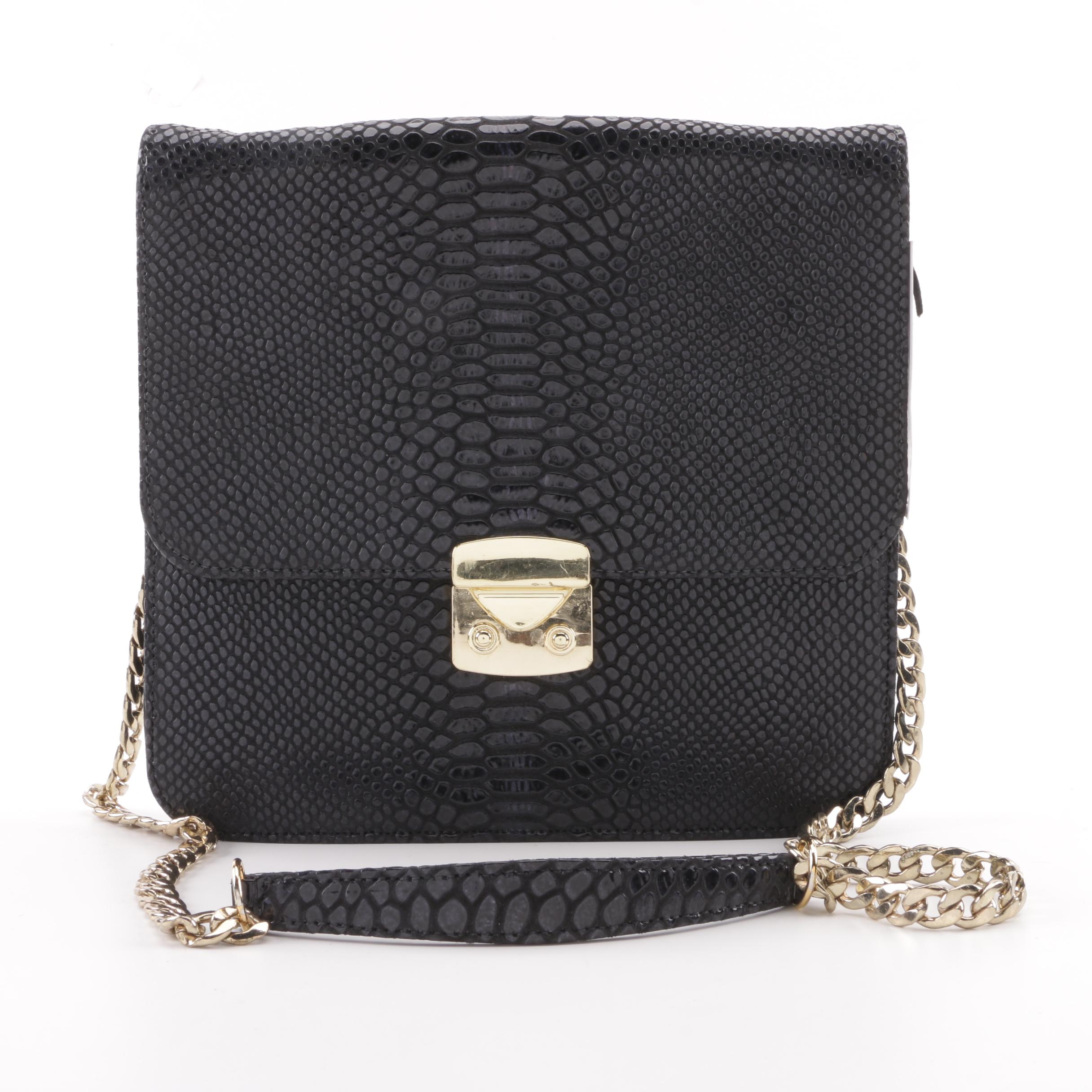 Ashlie Redmond Black Reptile Embossed Leather Flap Front Shoulder Bag