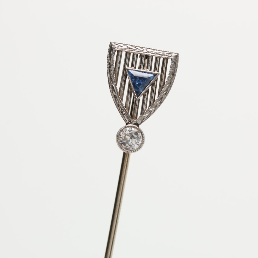 Art Deco 10K, 14K Gold and Platinum Synthetic Blue Sapphire and Diamond Pin