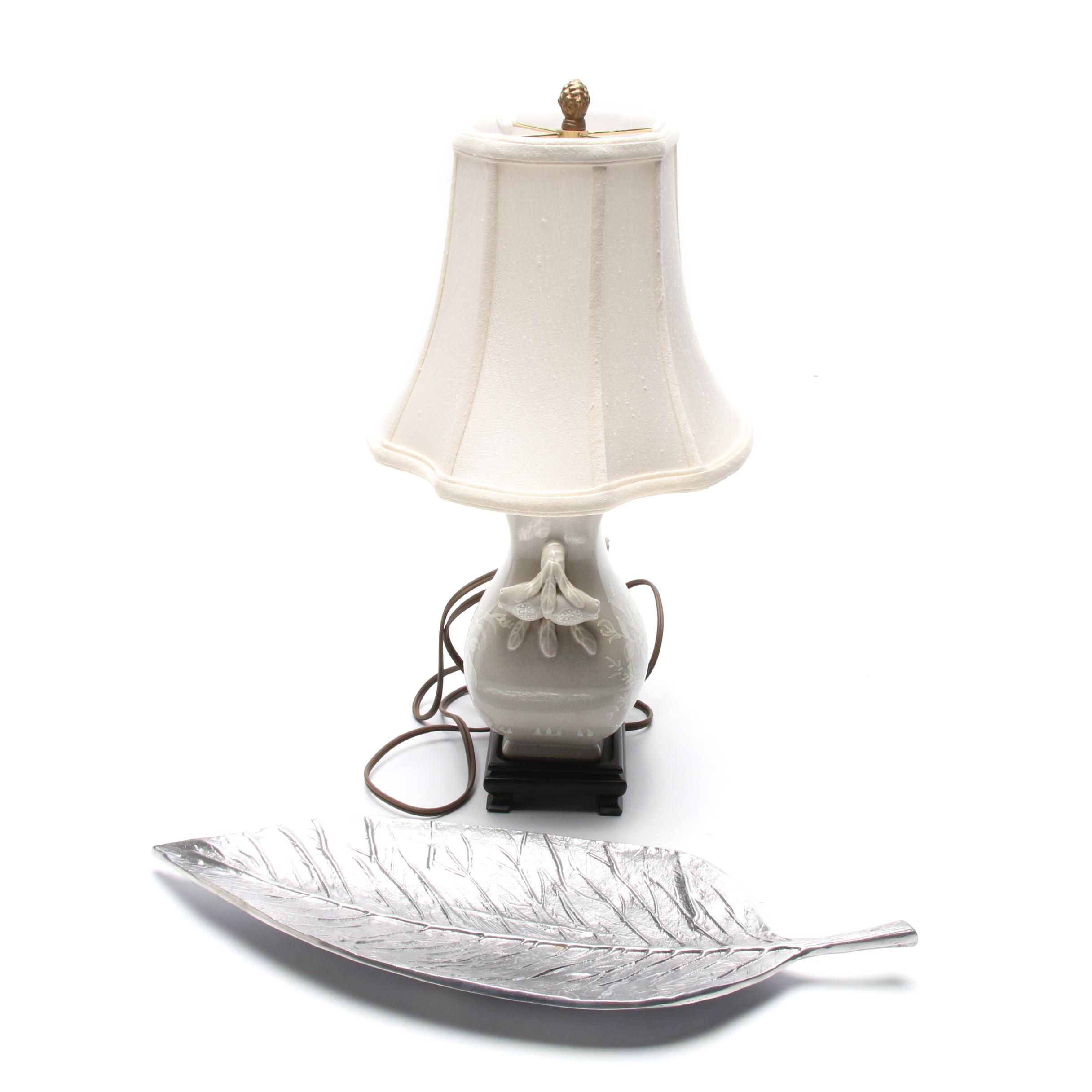 Ceramic Urn Form Table Lamp and Indian Leaf Tray