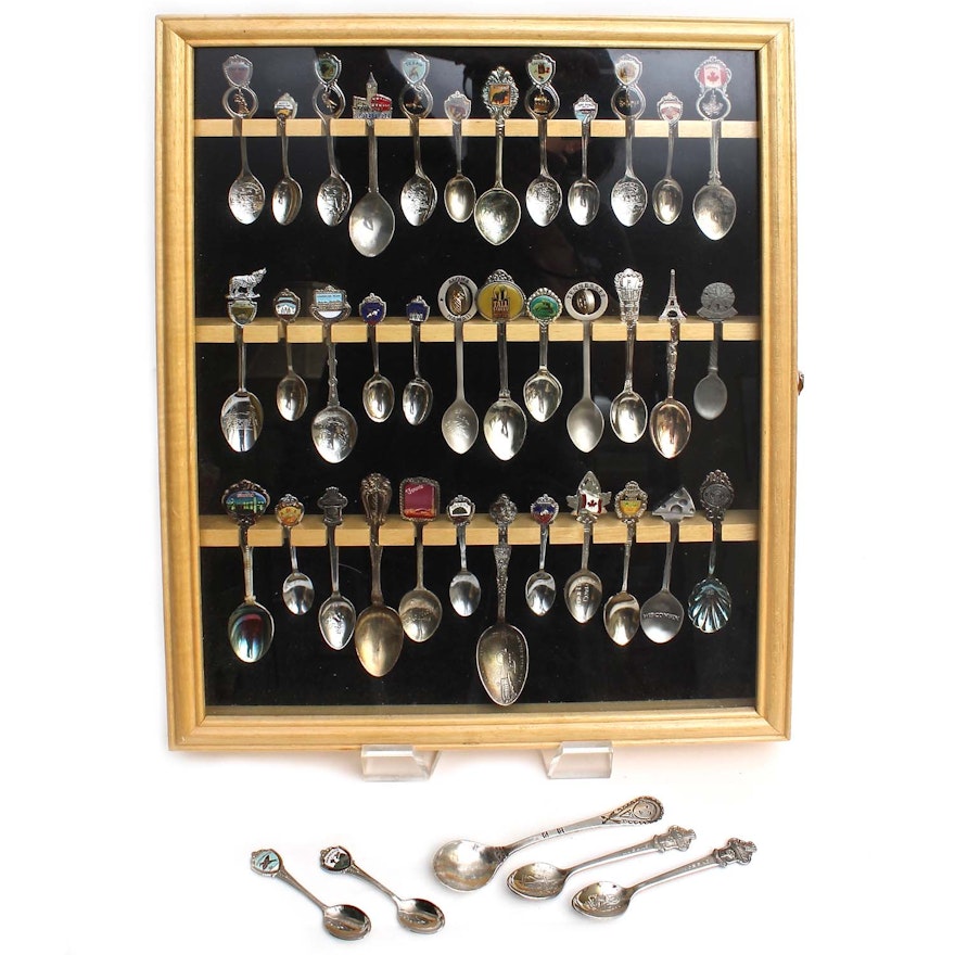 Collection of Vintage Souvenir Spoons in Glass Display Case