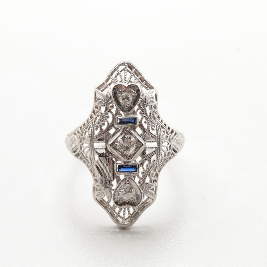 Art Deco 18K White Gold Transitional Cut Diamond and Synthetic Sapphire Ring