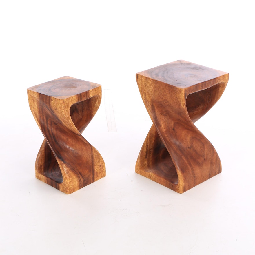 Pair of Haussmann Hand Carved Monkey Pod Wood Twist End Tables